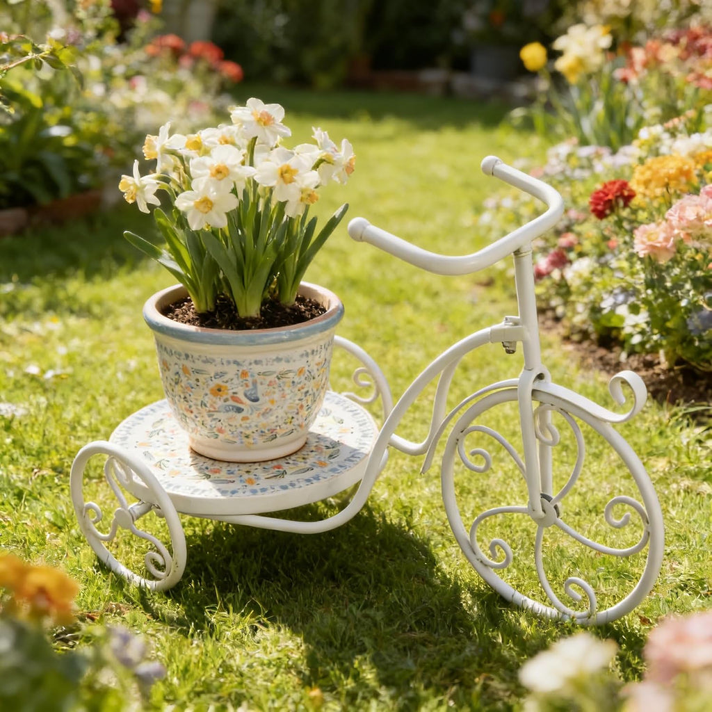 Metal Tricycle Plant Stand with Ceramic Tray, Indoor Outdoor Garden Decor