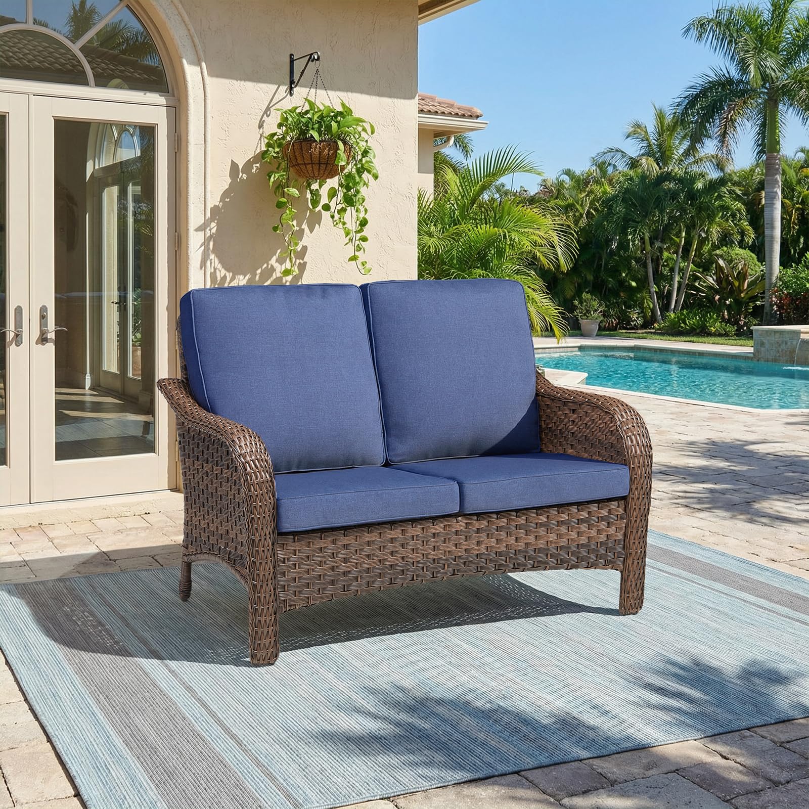 Outdoor Patio Loveseat, All-Weather Hand-Woven PE Wicker 2 Seat Sofa with Thick Cushions, High Back & Deep Seat, Ergonomic Design for Porch, Deck, Balcony, Garden, and Backyard(Beige)