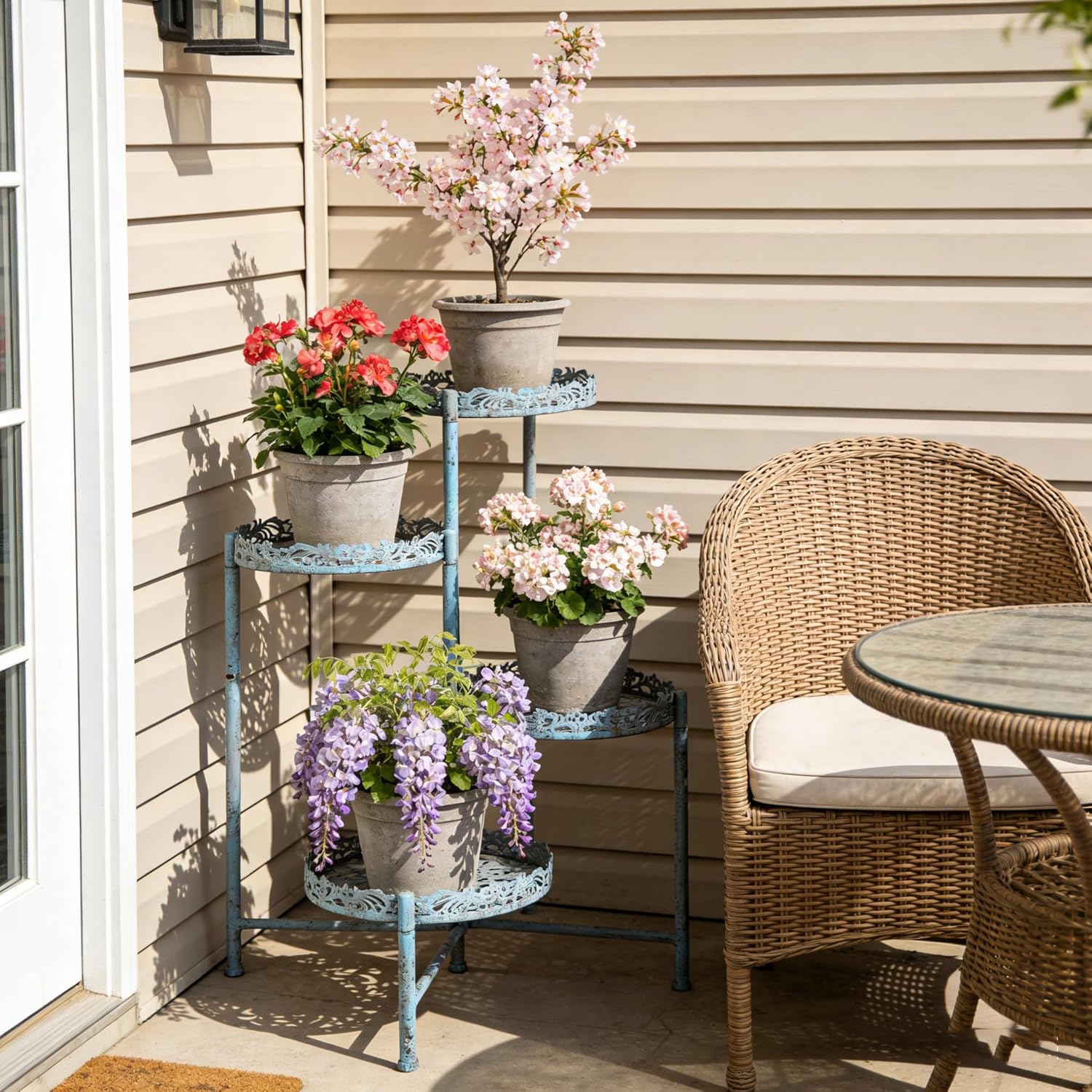 4-Tier Vintage Distressed Blue Metal Plant Stand, Foldable Corner Flower Pot Holder Shelf for Indoor Outdoor, Rustic Plant Rack for Patio Porch Garden Balcony Living Room