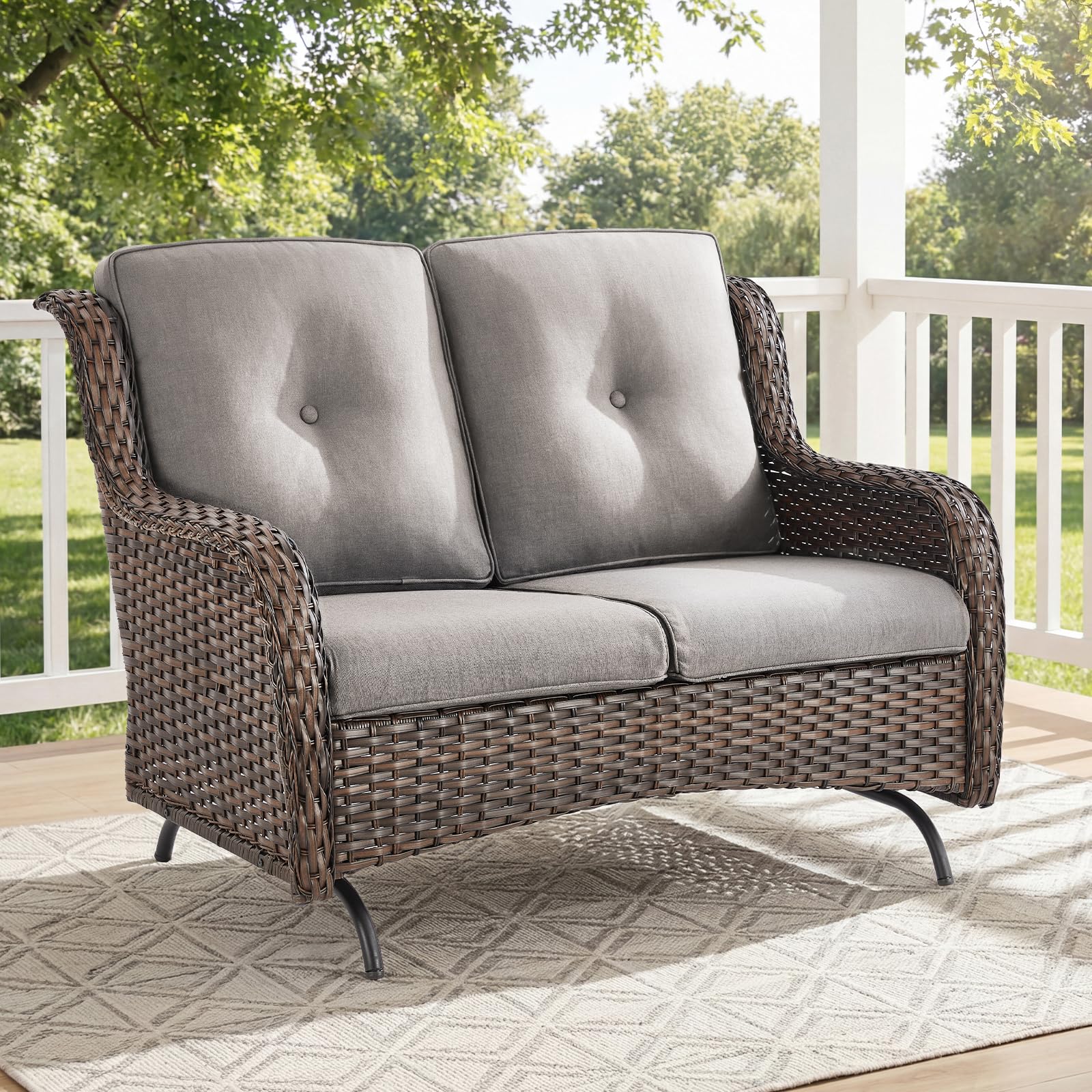 Outdoor Patio Loveseat, All-Weather Hand-Woven PE Wicker 2 Seat Sofa with Thick Cushions, High Back & Deep Seat, Ergonomic Design for Porch, Deck, Balcony, Garden, and Backyard(Beige)