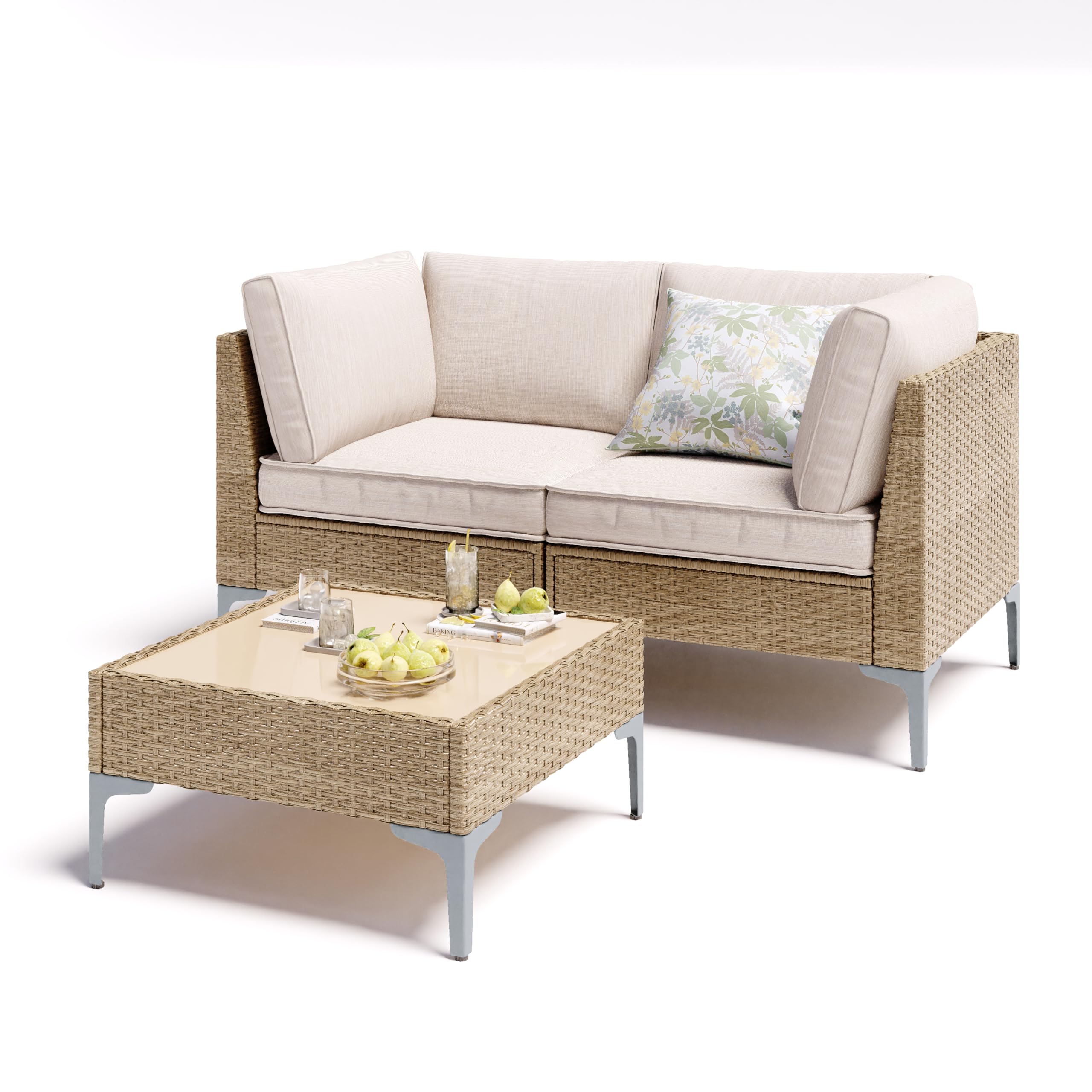 5-Piece Wicker Patio Furniture Set with Coffee Table & Thick Weatherproof Cushions, Beige