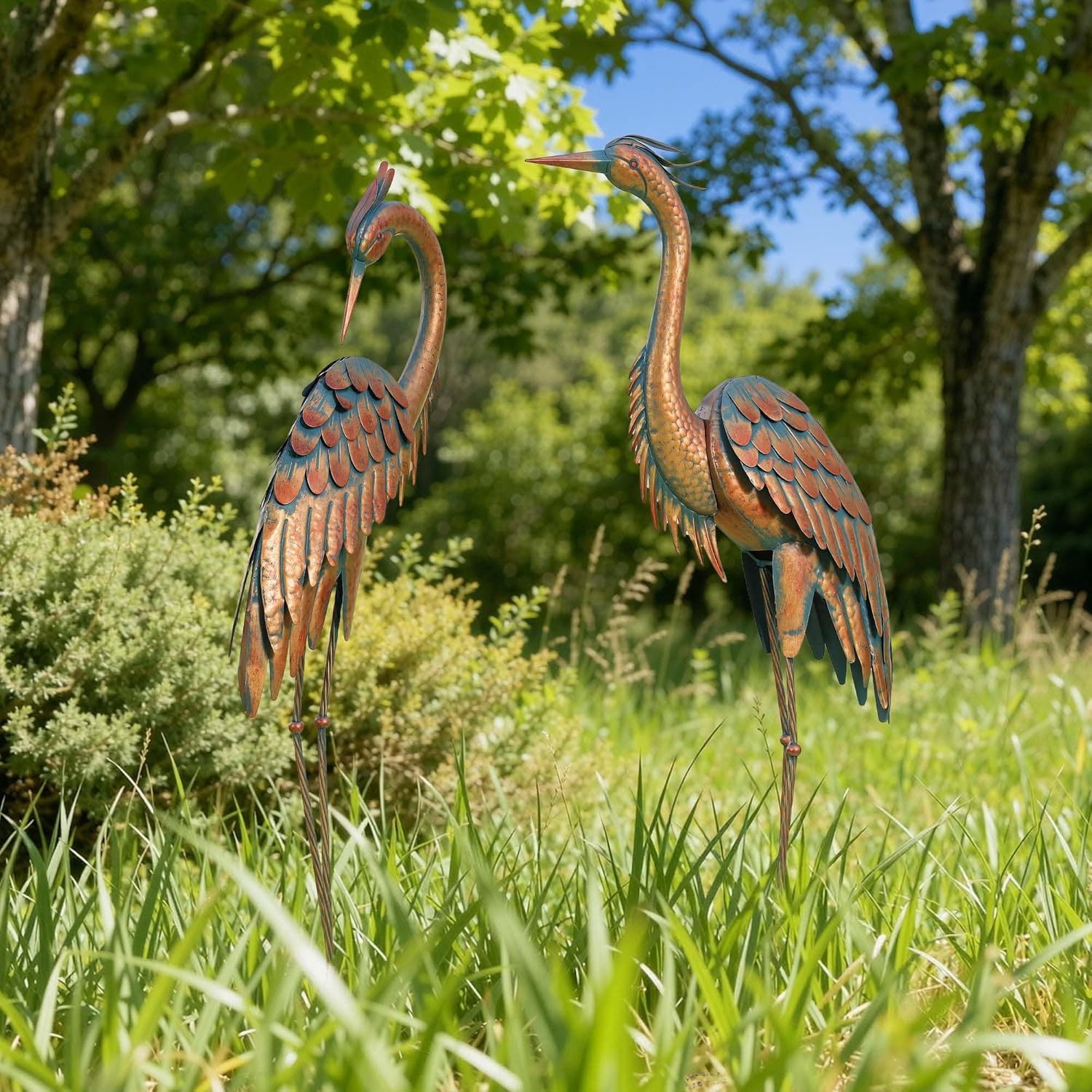 45.3" Tall Extra Large Metal Crane Decor, Handcrafted Distressed Bronze Heron Sculpture with 4-Piece Secure Ground Stakes, Vintage Charm Outdoor Garden Statue Yard Art for Patio & Backyard Decor