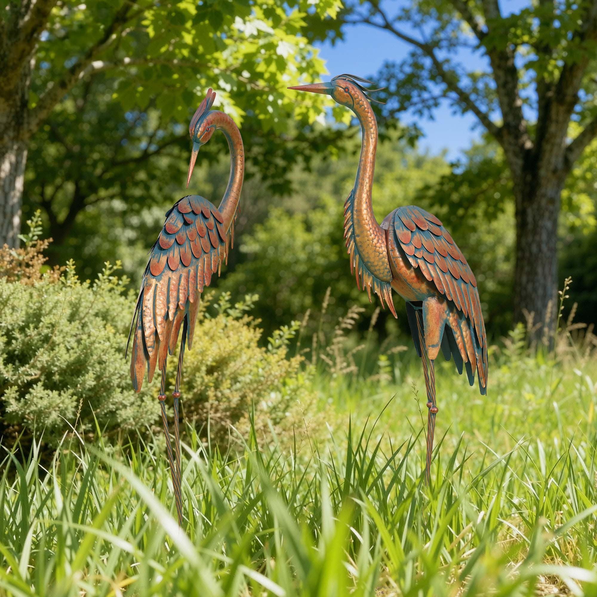 45.3" Tall Extra Large Metal Crane Decor, Handcrafted Distressed Bronze Heron Sculpture with 4-Piece Secure Ground Stakes, Vintage Charm Outdoor Garden Statue Yard Art for Patio & Backyard Decor