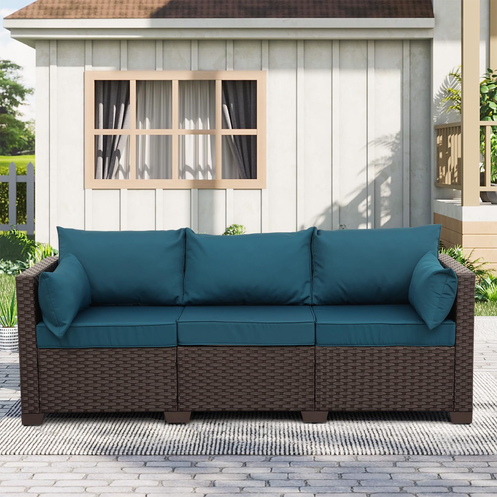Rattan Star Outdoor Furniture Couch 3 Seater Sofa Outdoor Brown Wicker Sofa Deep Seat High Backrest Patio Couch with Non-Slip Cushions Waterproof Cover, Khaki