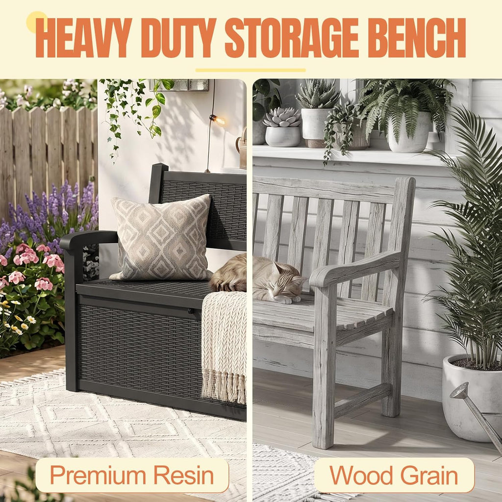 Storage Bench Outdoor Deck Box,100 Gallon Waterproof & UV Resistant Lockable Patio Furniture Seating.Indoor/Outdoor Shoe Storage Cabinet for Garden Cushions,Tools,Patio,Pool Supplies(Black)