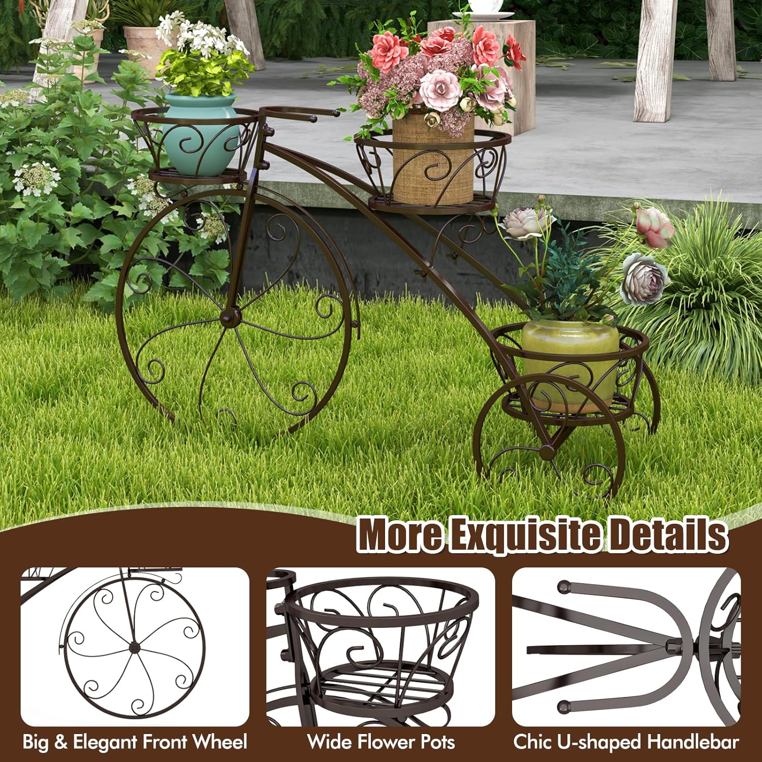 Giantex Metal Bicycle Planter, 3 Tier Tricycle Flower Plant Stand w/ 3 Decorative Wheels, Parisian Style Flower Display Stand Cart for Home Decor Patio Garden Flower Shop Indoor Outdoor (Bronze)