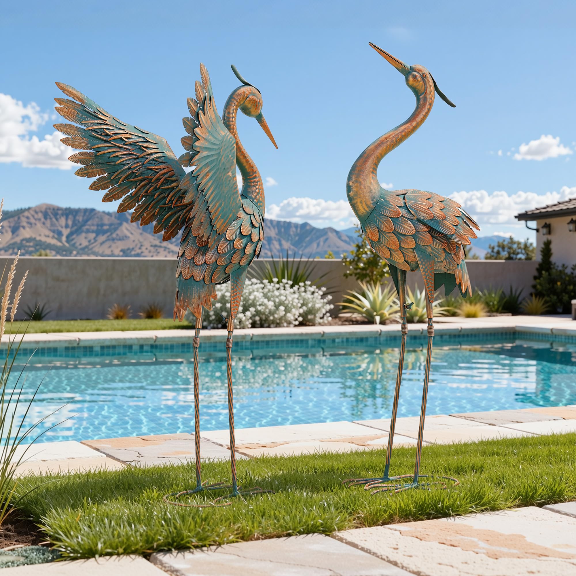 45.3" Tall Extra Large Metal Crane Decor, Handcrafted Distressed Bronze Heron Sculpture with 4-Piece Secure Ground Stakes, Vintage Charm Outdoor Garden Statue Yard Art for Patio & Backyard Decor