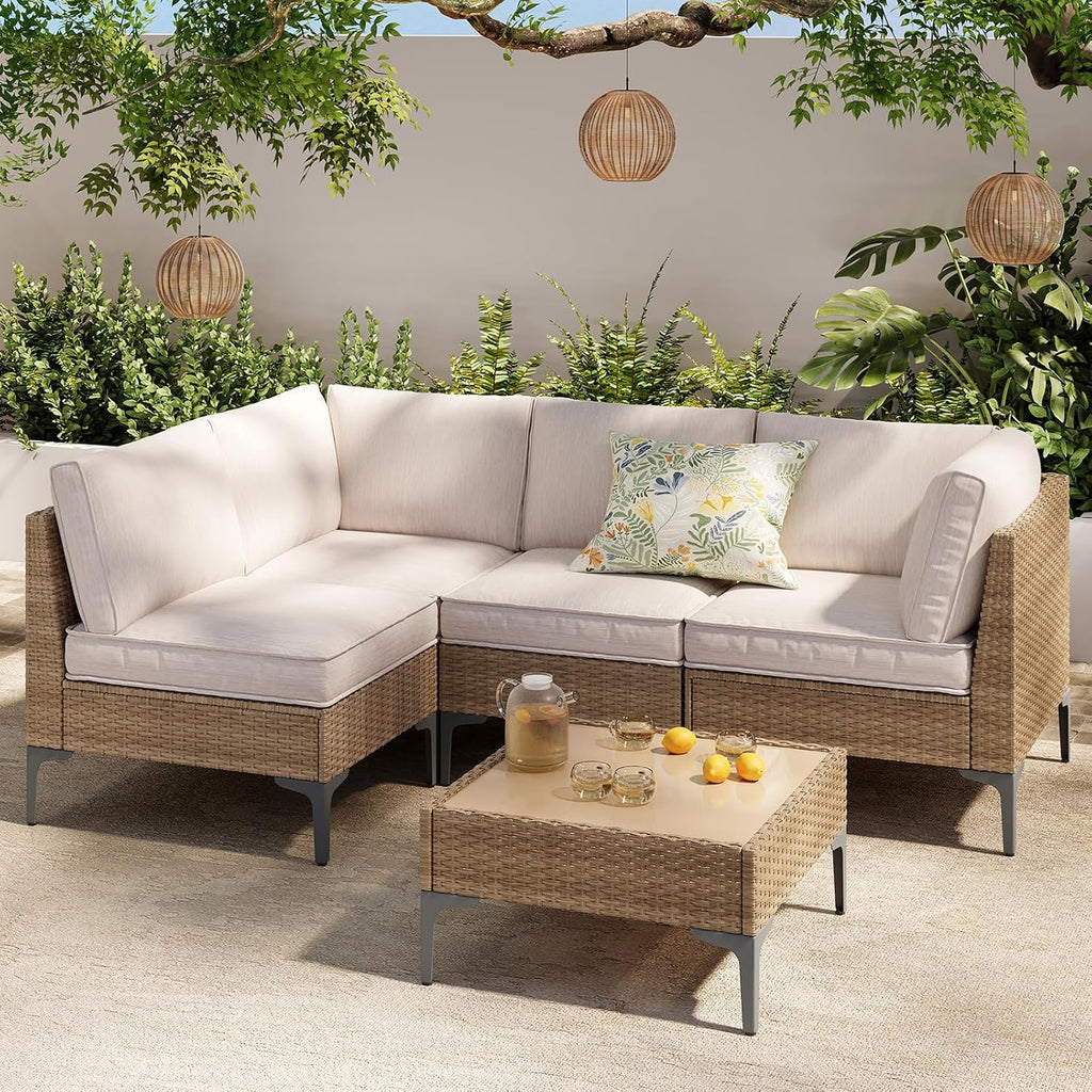 5-Piece Wicker Patio Furniture Set with Coffee Table & Thick Weatherproof Cushions, Beige