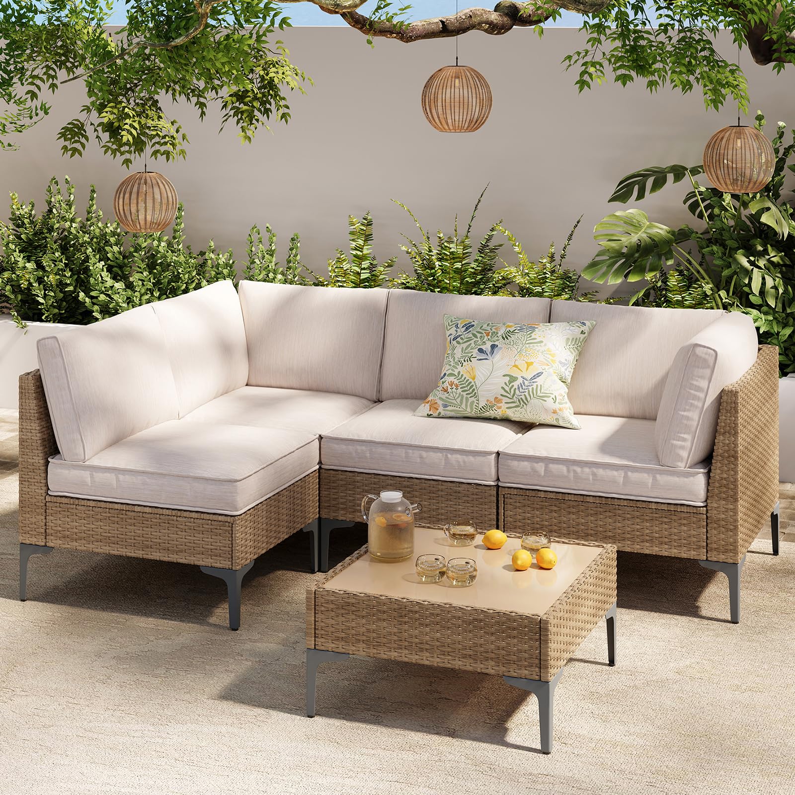 5-Piece Wicker Patio Furniture Set with Coffee Table & Thick Weatherproof Cushions, Beige