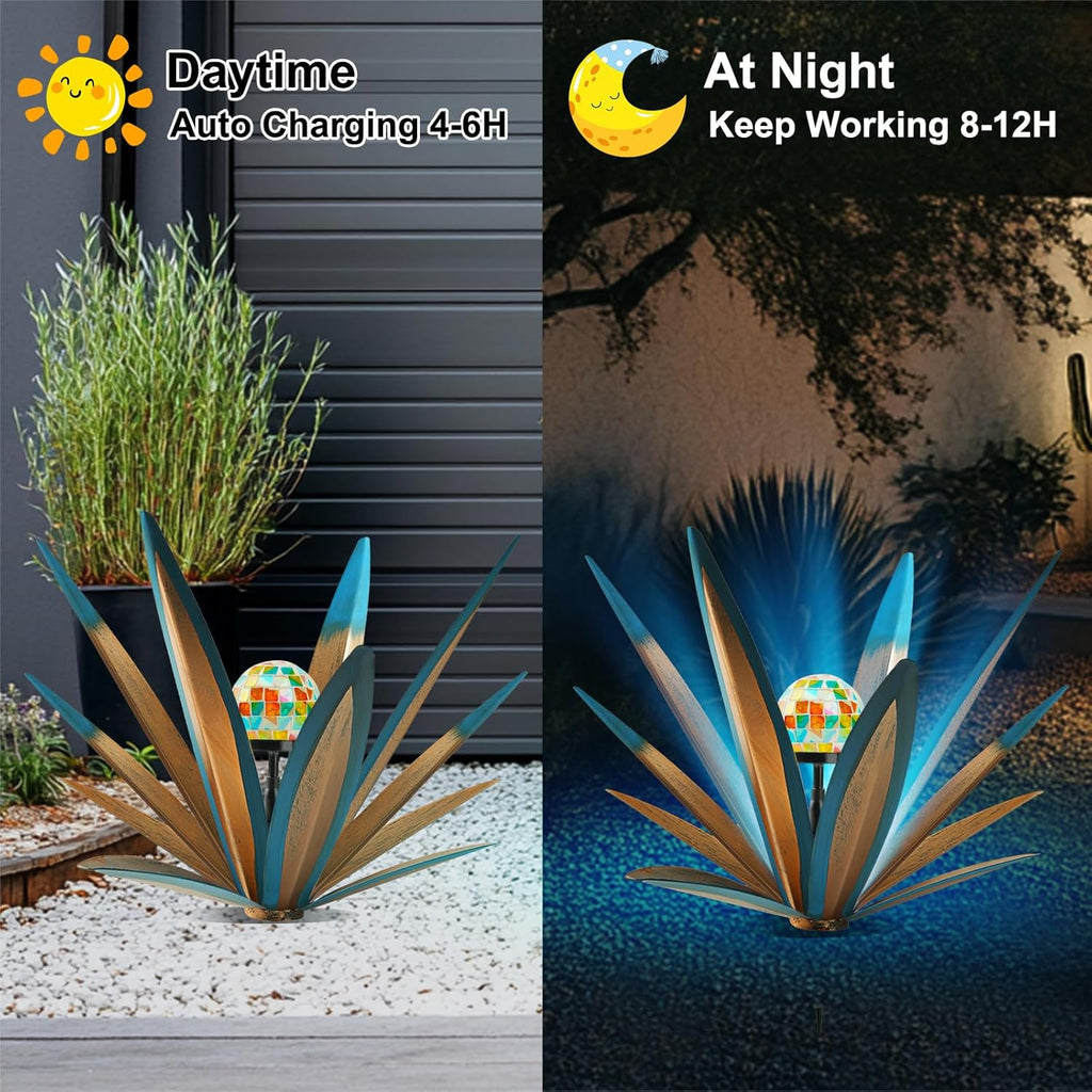 TOMBABY Solar Rustic Garden Style Metal Agave Plants Outdoor Patio, Home Decor Hand-Painted Metal Agave Garden Patio Statues, Suitable for Desert Areas, Outdoor Lawn Decorations (2 Solar Blue)