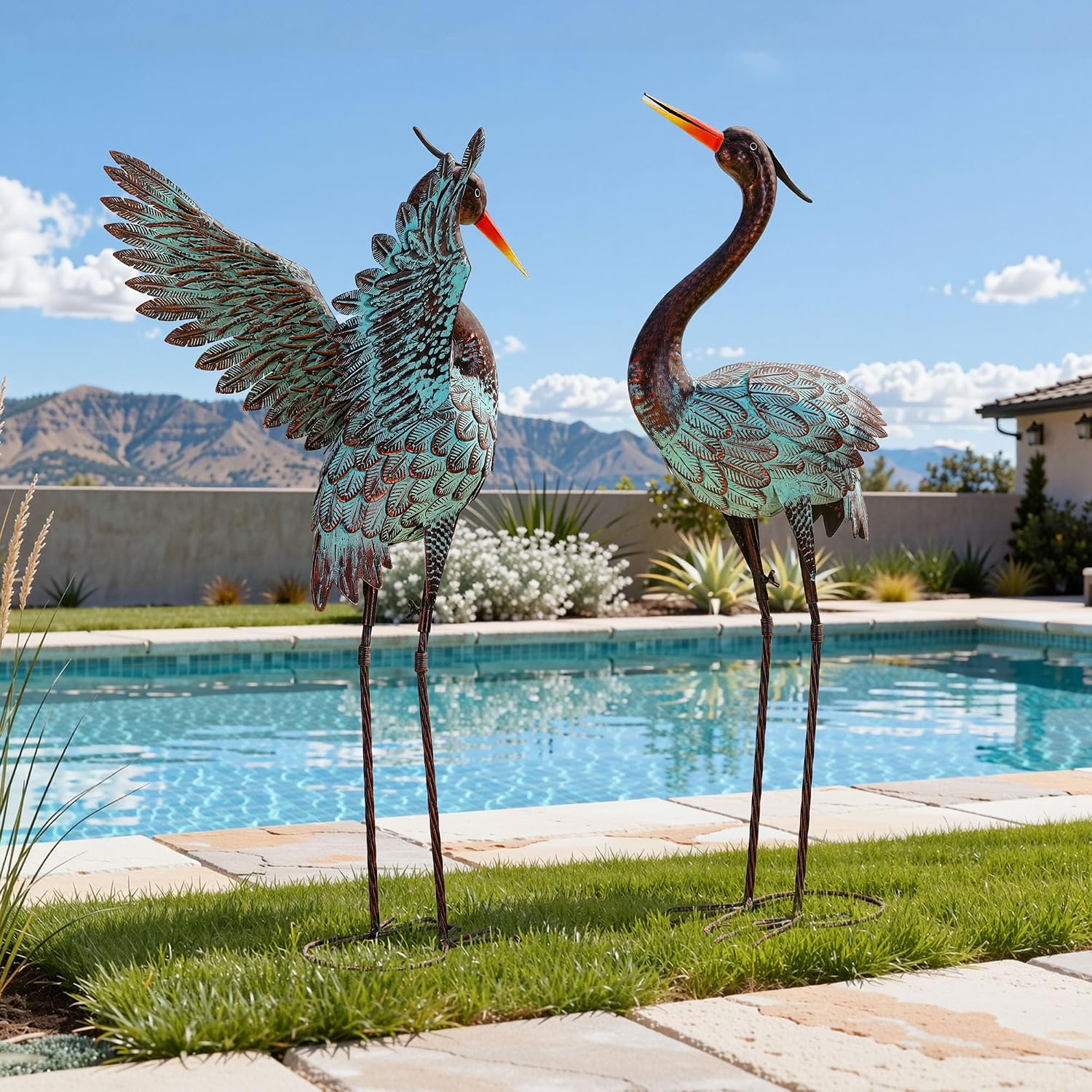 36.8" Extra-Large Blue Heron Decor, Handcrafted Metal Crane Statue with Stable U-Ground Stakes, Backyard Decoration, Metal Garden Bird Animal Yard Art, Lawn Ornament Decor