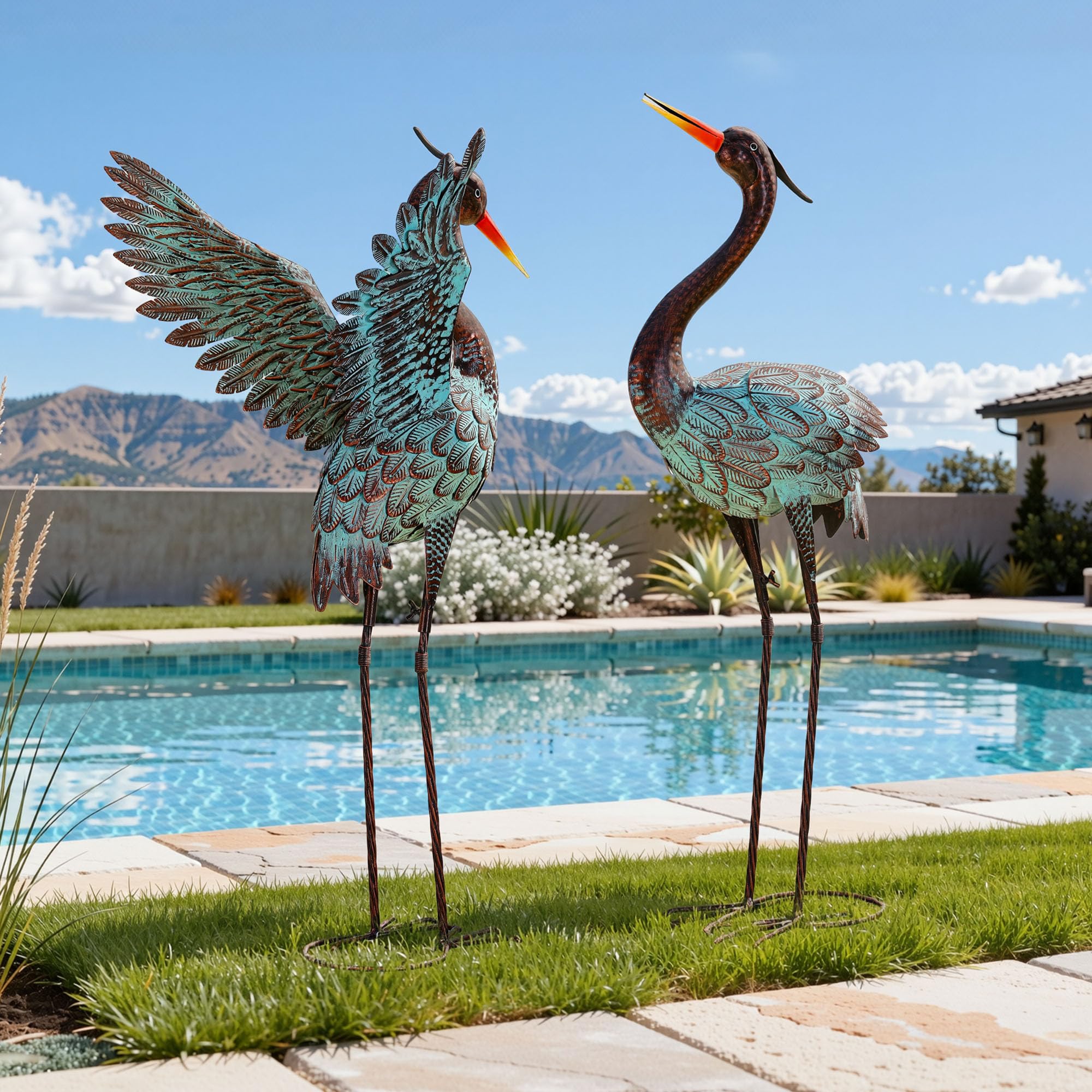 36.8" Extra-Large Blue Heron Decor, Handcrafted Metal Crane Statue with Stable U-Ground Stakes, Backyard Decoration, Metal Garden Bird Animal Yard Art, Lawn Ornament Decor