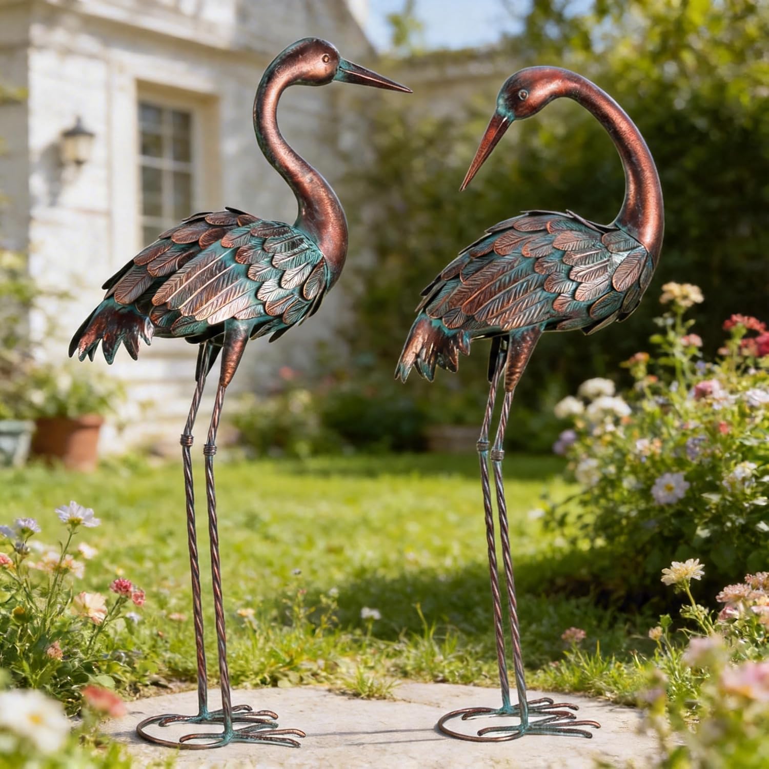 chisheen Crane Garden Statues Outdoor Yard Decorations Metal Heron Yard Art Bird Sculpture Decor for Outside Lawn Patio Large Size, for Women Mom,Set of 2