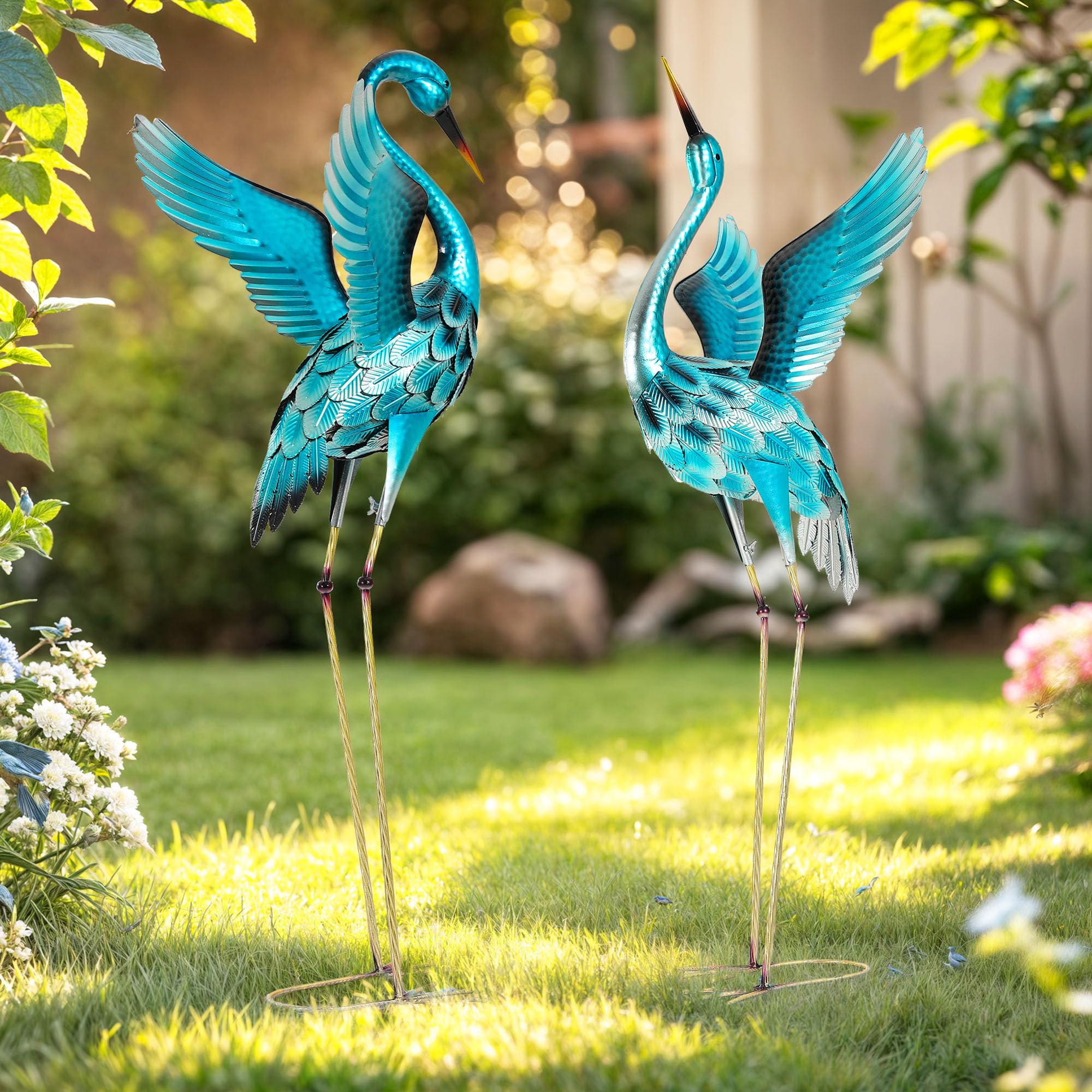 45.3" Tall Extra Large Metal Crane Decor, Handcrafted Distressed Bronze Heron Sculpture with 4-Piece Secure Ground Stakes, Vintage Charm Outdoor Garden Statue Yard Art for Patio & Backyard Decor