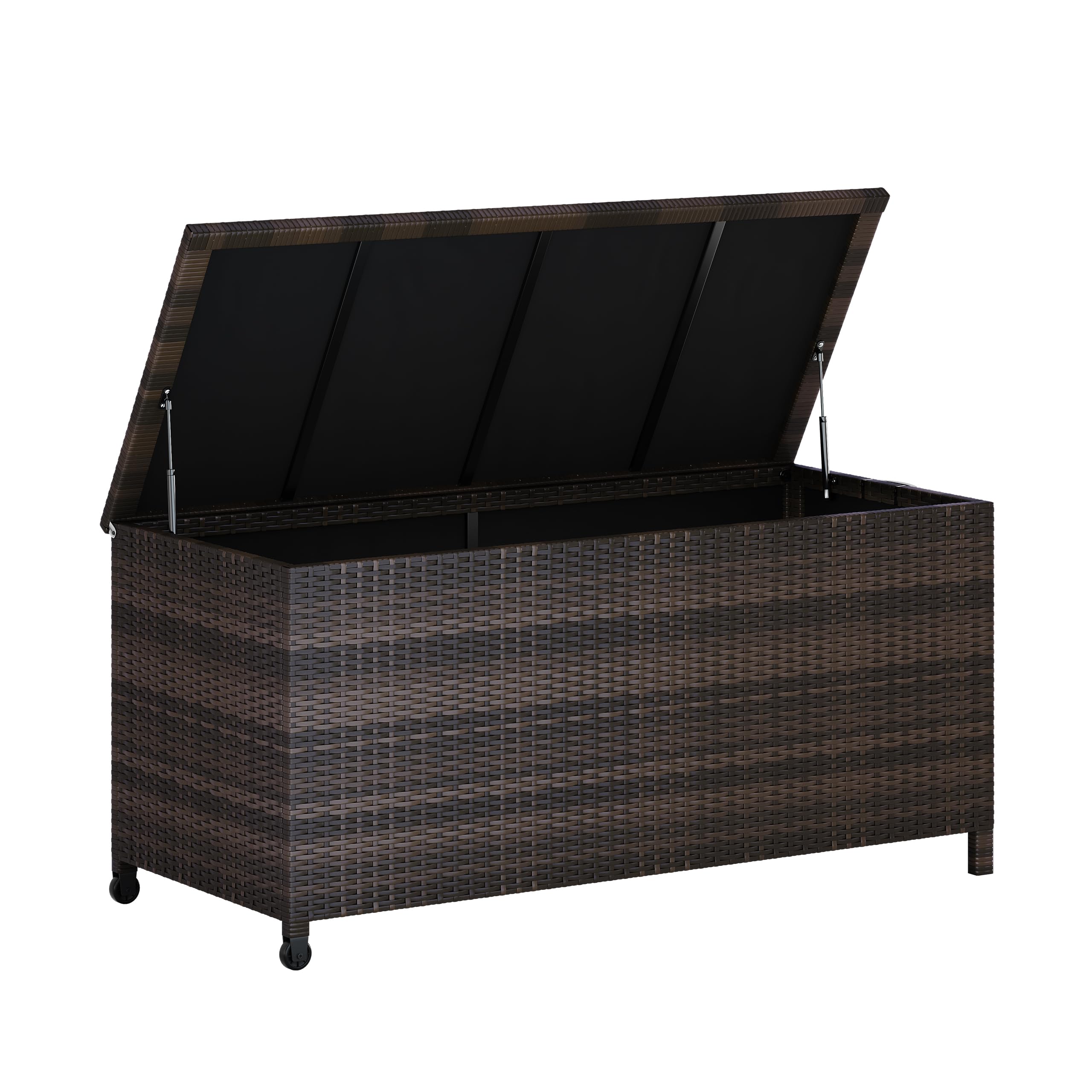 Outdoor Storage Bench with Cushion, 2-Seater PE Rattan Storage Box with Backrest & Armrests, 75 Gallon, 400 lbs Capacity Weatherproof Patio Bench for Garden, Balcony, Porch, Pool, Yard,Dark Brown