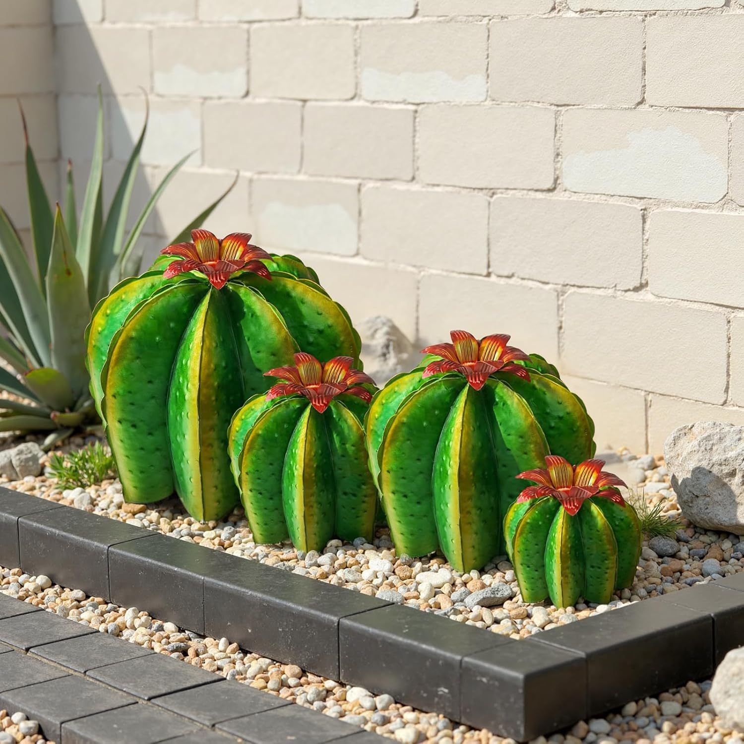 KODIBO Metal Cactus Yard Art, 4-Pack Desert Steel Garden Decor, Artificial Barrel Cactus with Flower Tops, Weather-Resistant Garden Sculptures & Statues, Outdoor Decorations for Patio Lawn Porch