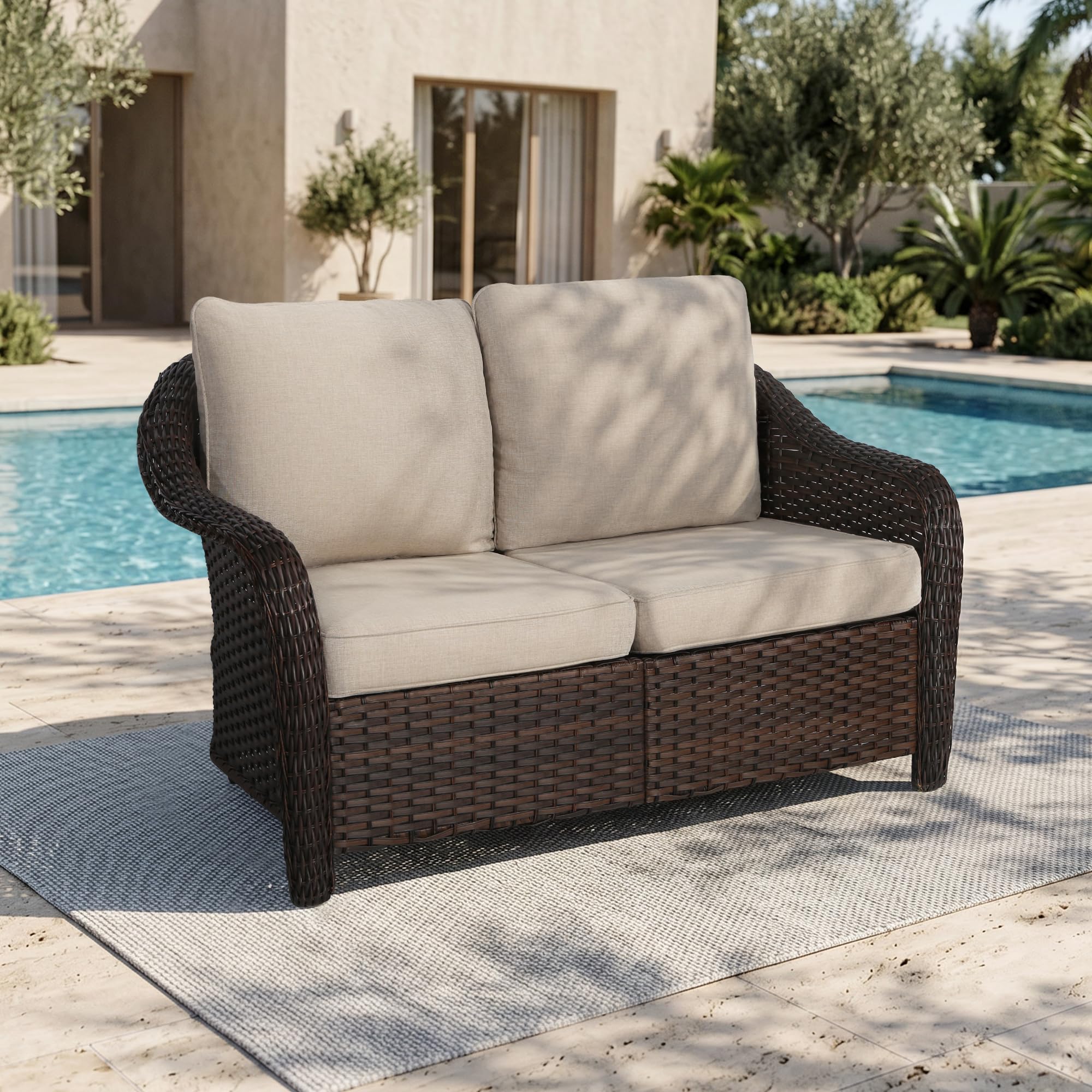 77 inch Outdoor Wicker 3 Seater Sofa, All-Weather Use Patio Rattan Sofa with Seat and Back Cushion, Ideal for Porch, Backyard, Balcony, Poolside, Beige