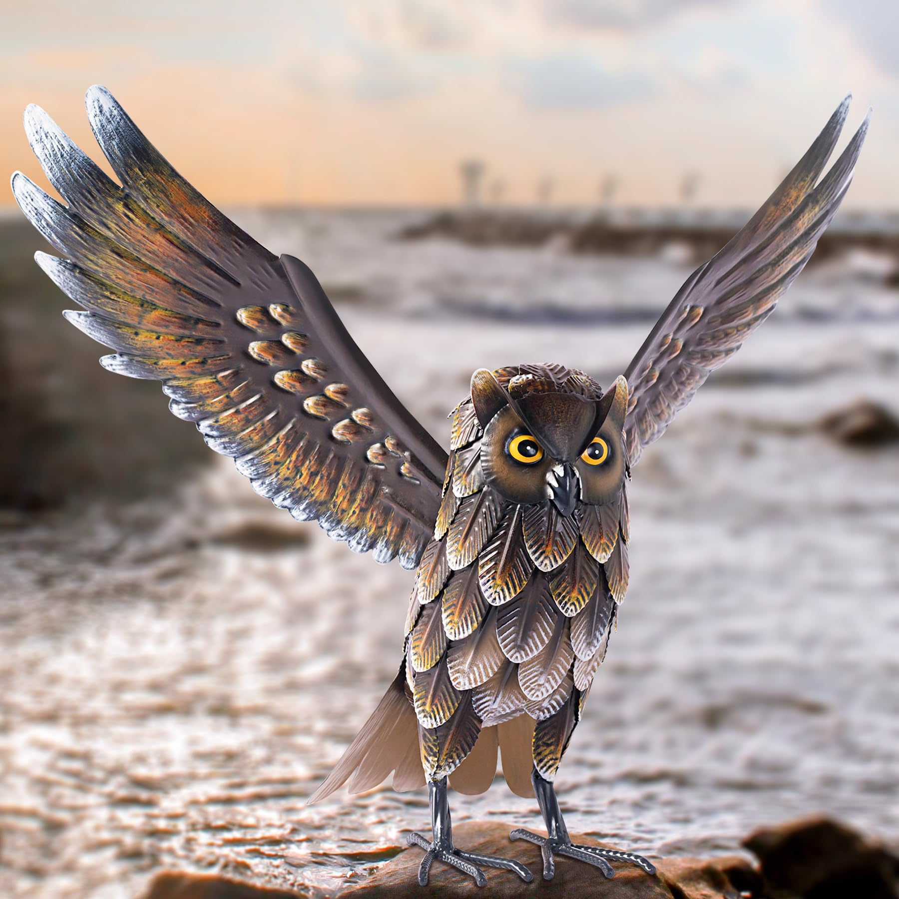 Natelf Garden Owl Sculptures & Statues, Standing Metal Bird Yard Art Sculpture for Patio Backyard Pond Outdoor Decorations