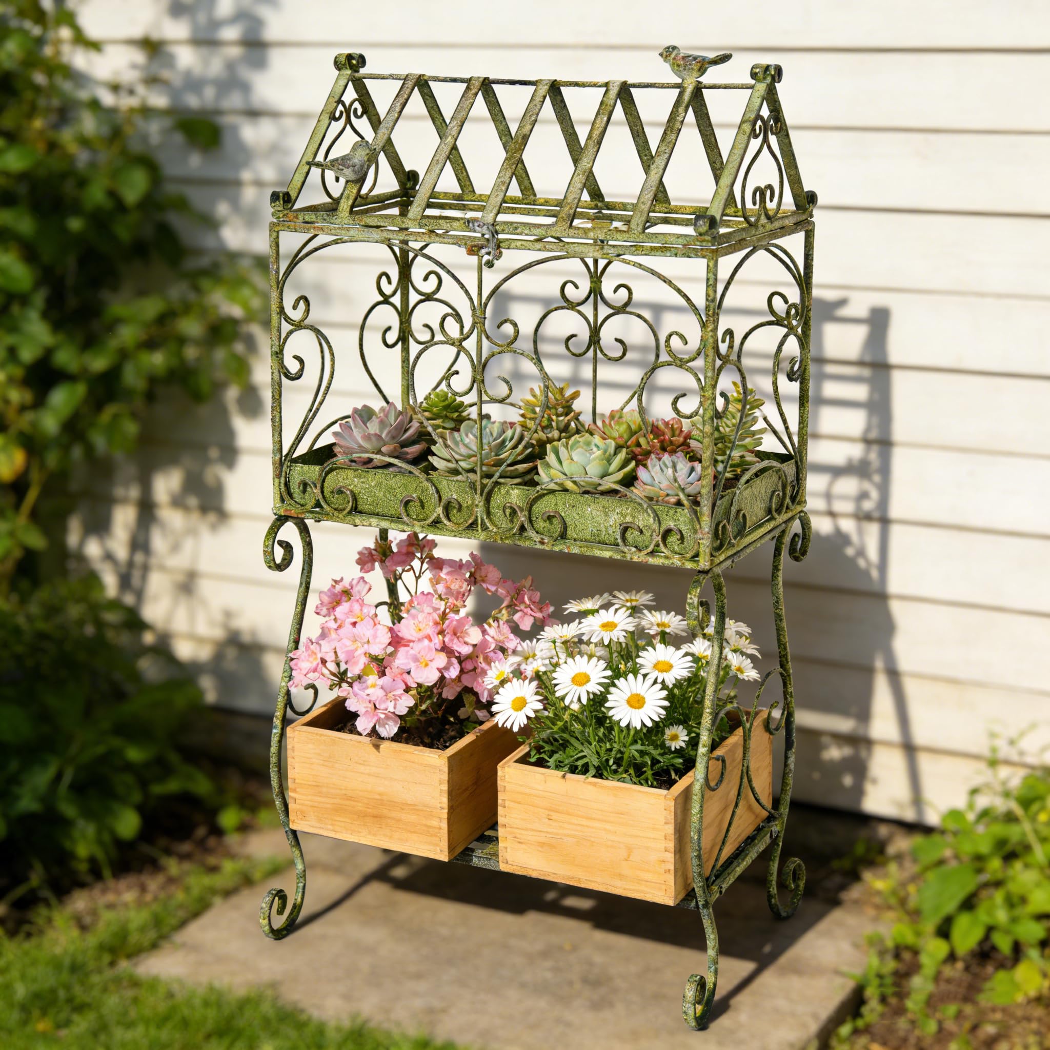 4-Tier Vintage Distressed Blue Metal Plant Stand, Foldable Corner Flower Pot Holder Shelf for Indoor Outdoor, Rustic Plant Rack for Patio Porch Garden Balcony Living Room