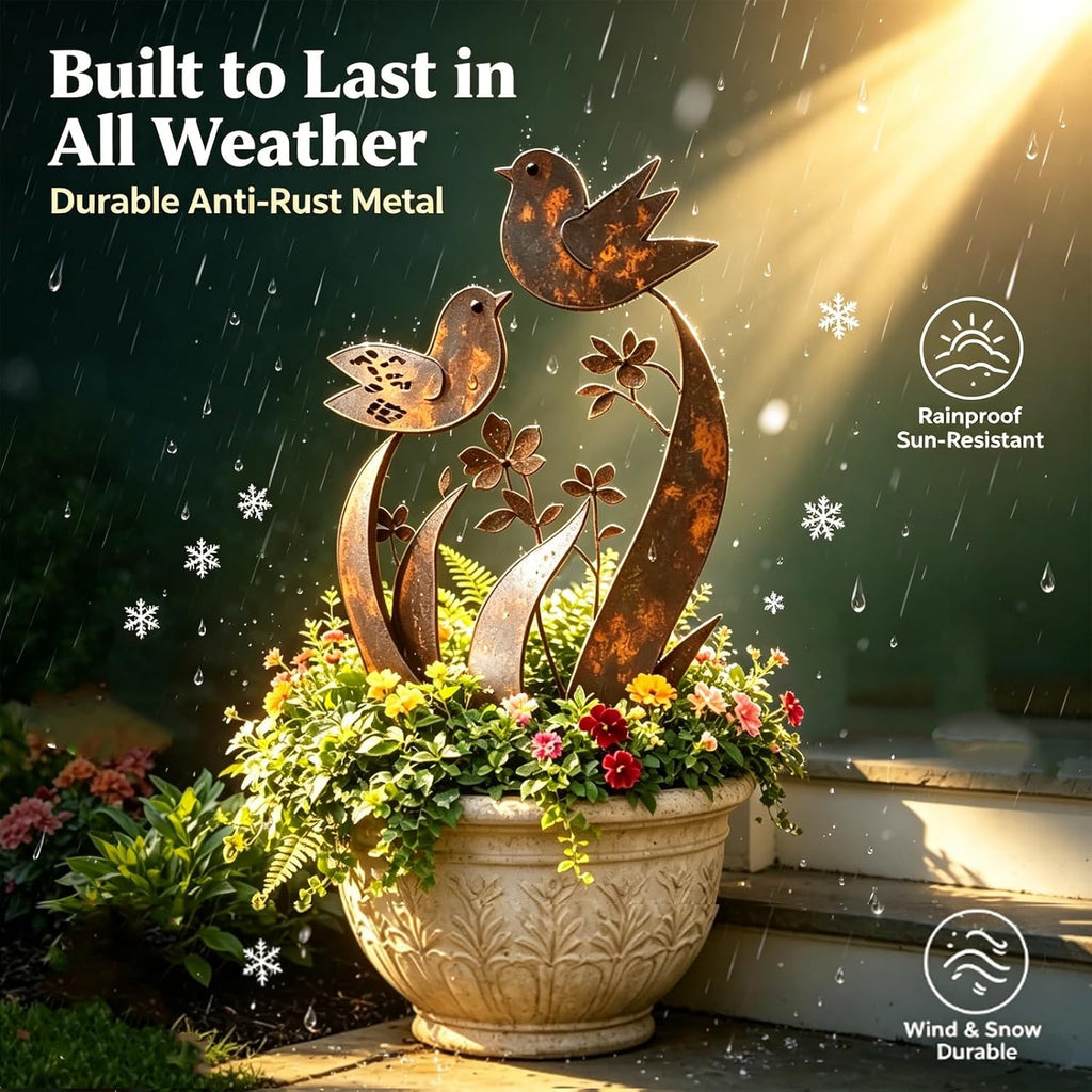 Bird & Wildflower Metal Garden Stake, Decorative Plant Stakes with Floral Design Handmade Flower Shaped Sculpture, Rustic Garden Art Decor Gift for for Flower Bed Planters Patio & Lawn Lovers(2PCS)