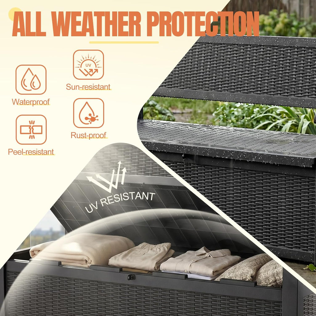 Storage Bench Outdoor Deck Box,100 Gallon Waterproof & UV Resistant Lockable Patio Furniture Seating.Indoor/Outdoor Shoe Storage Cabinet for Garden Cushions,Tools,Patio,Pool Supplies(Black)