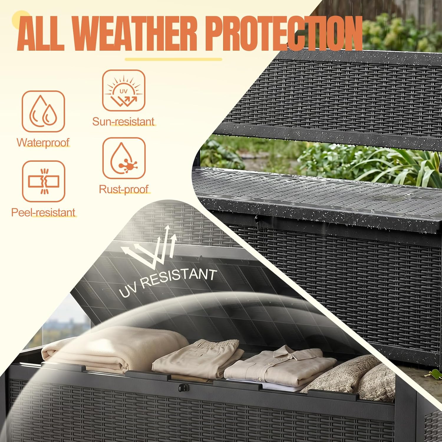 Storage Bench Outdoor Deck Box,100 Gallon Waterproof & UV Resistant Lockable Patio Furniture Seating.Indoor/Outdoor Shoe Storage Cabinet for Garden Cushions,Tools,Patio,Pool Supplies(Black)