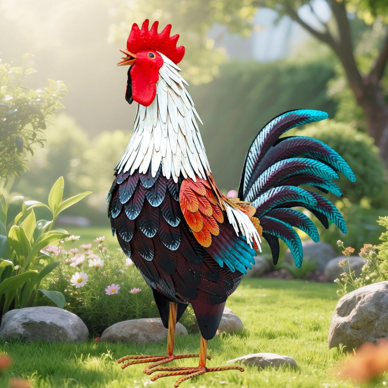 chisheen Metal Rooster Decor,Yard Chicken Decorations,Outdoor Garden Statues, Metal Chicken Sculpture for Backyard Patio Kitchen Decor & Lawn Ornaments
