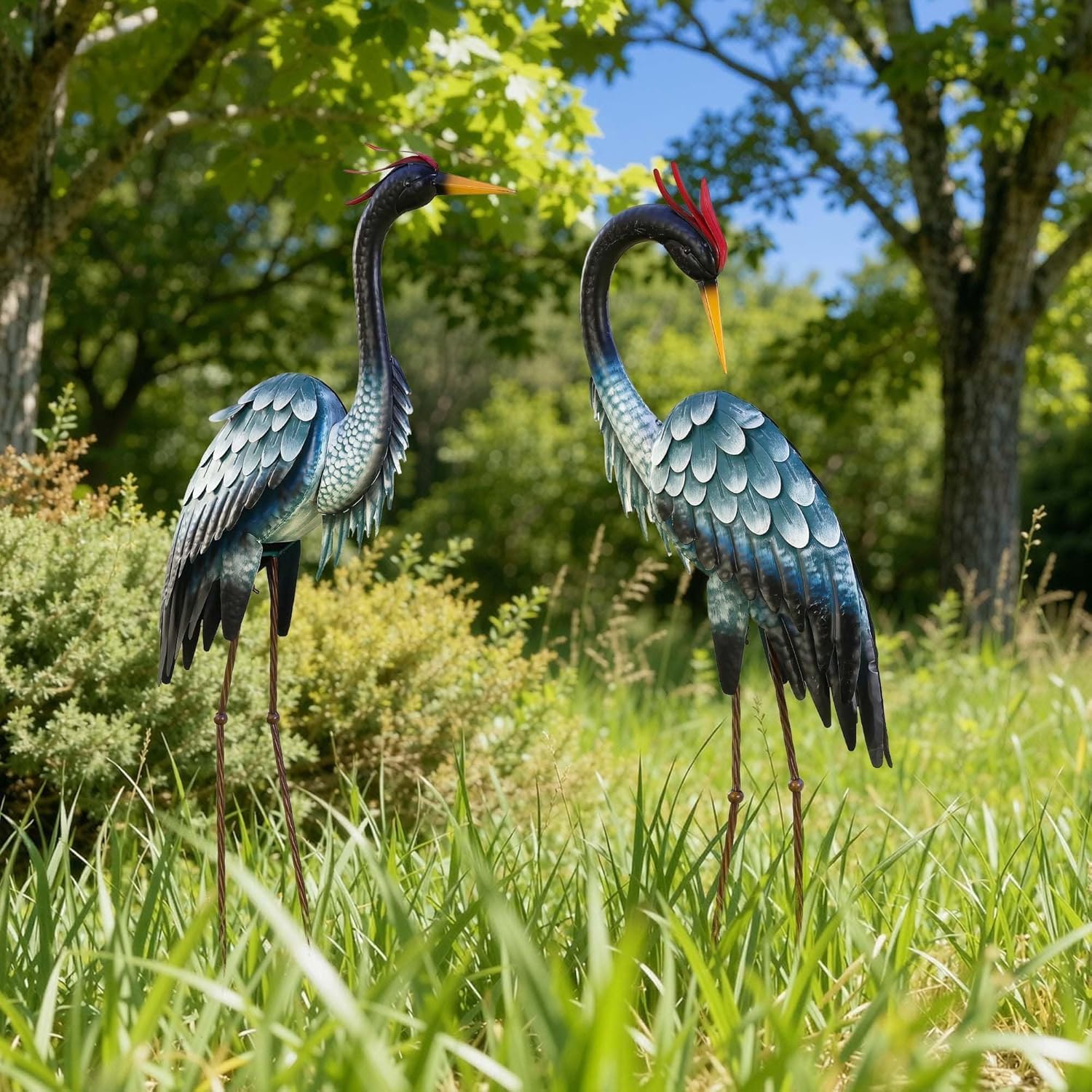 45.3" Tall Extra Large Metal Crane Decor, Handcrafted Distressed Bronze Heron Sculpture with 4-Piece Secure Ground Stakes, Vintage Charm Outdoor Garden Statue Yard Art for Patio & Backyard Decor