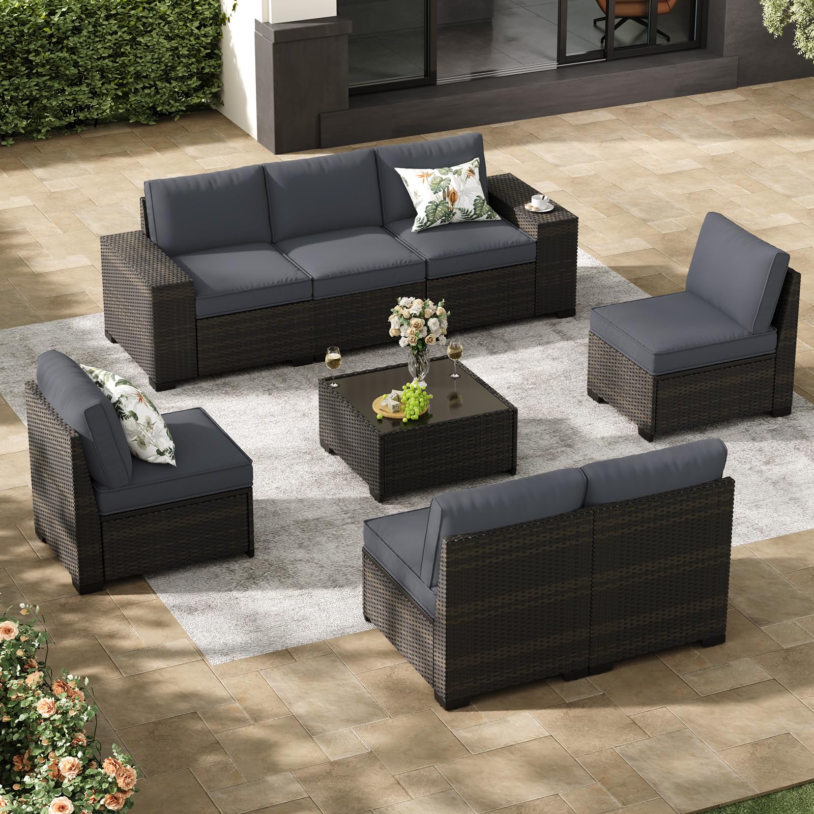 Jing's Villa 6-Piece Patio Furniture Set, All-Weather Outdoor Wicker Sectional Sofa with Cushions, Glass Table & Left and Right Armrest, Rattan Conversation Seating for Porch, Garden, Backyard,Beige