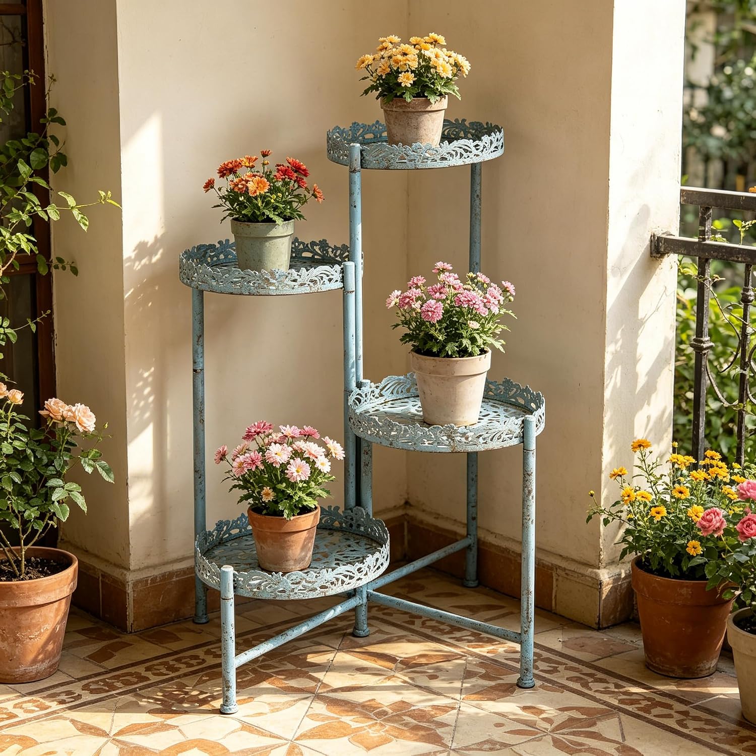 4-Tier Vintage Distressed Blue Metal Plant Stand, Foldable Corner Flower Pot Holder Shelf for Indoor Outdoor, Rustic Plant Rack for Patio Porch Garden Balcony Living Room