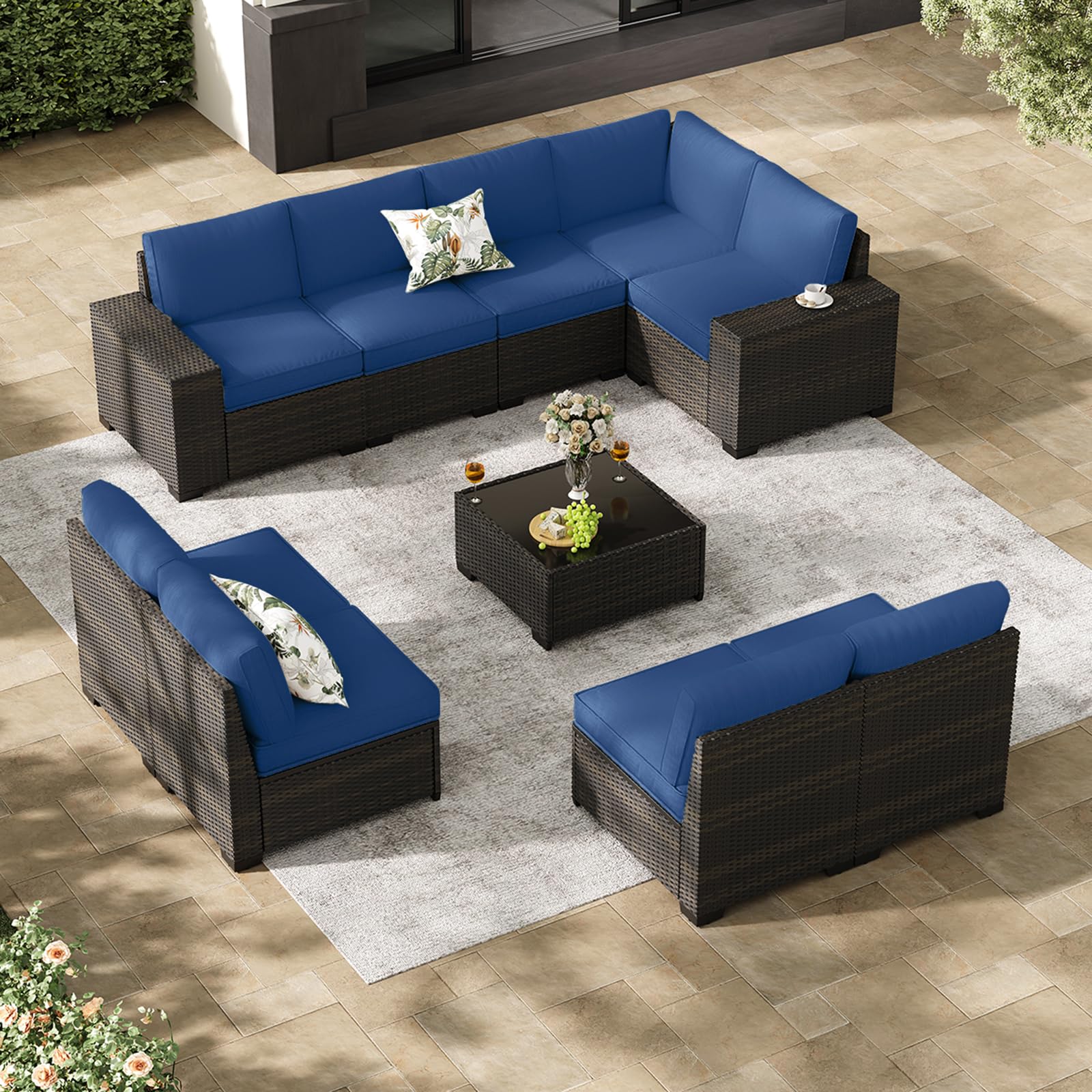 Jing's Villa 6-Piece Patio Furniture Set, All-Weather Outdoor Wicker Sectional Sofa with Cushions, Glass Table & Left and Right Armrest, Rattan Conversation Seating for Porch, Garden, Backyard,Beige
