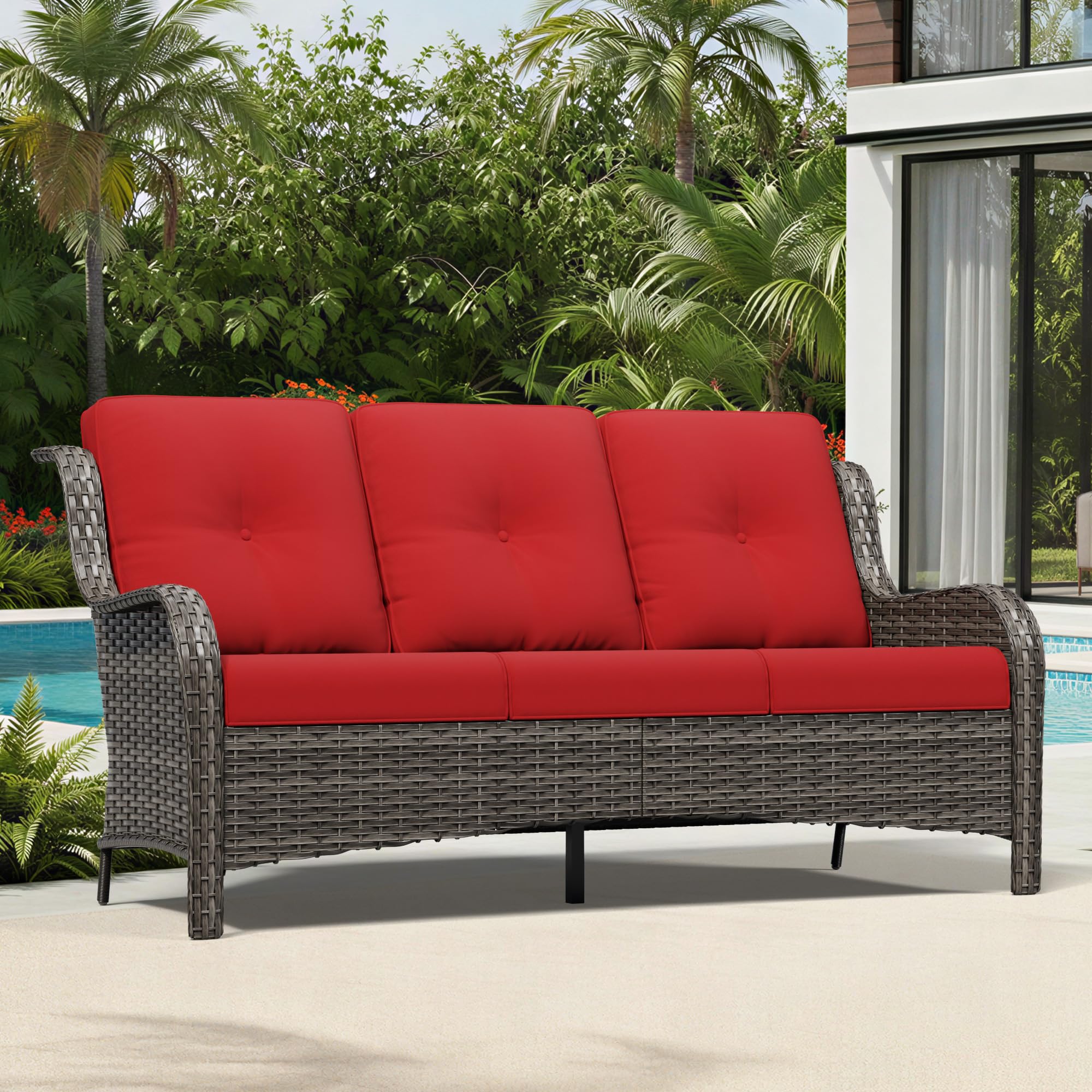 Joyside Outdoor Patio Couch, 3 Seater Outdoor Wicker Sofa with High Back, Deep Seating, Wide Armrest, Thickened Cushions, Patio Sofa for Deck, Porch Use
