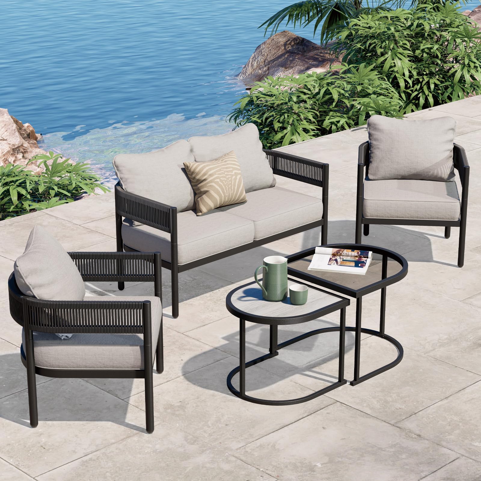 Gand Patio Outdoor 3-Seat Couch Sofa, Wicker Conversation Set with Thick Cushion for Porch, Garden, Yard, Natural