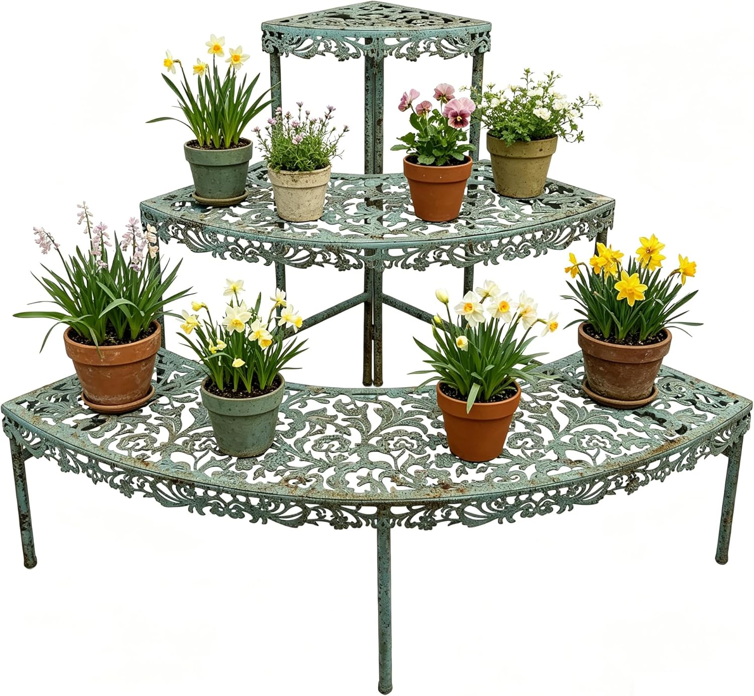 Vintage 3 Tier Metal Corner Plant Stand,Distressed Flower Pot Organizer Rack Stair-Step Style Shelf Planters Quarter Round Plant Display Holder for Indoor Outdoor Patio Garden Green