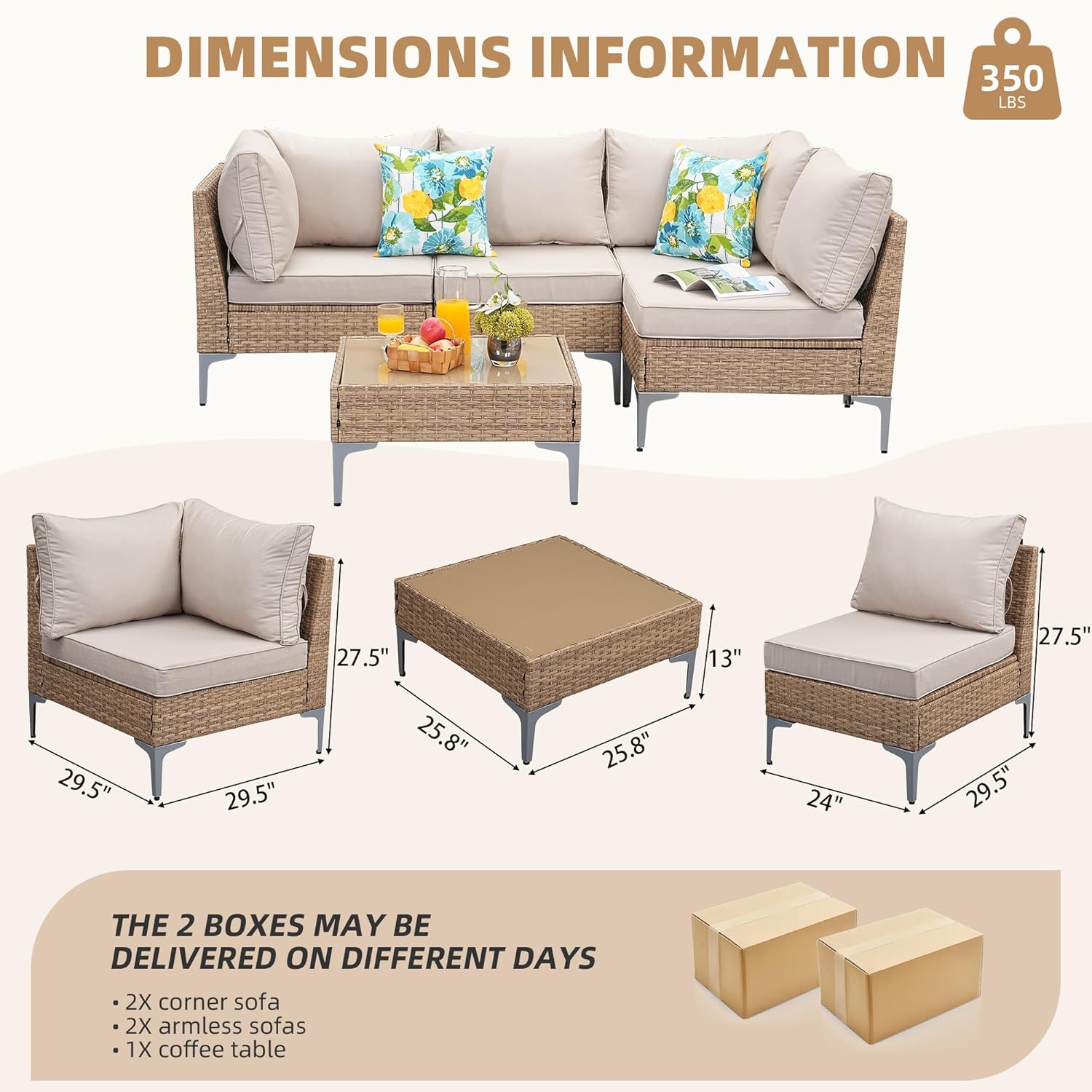 5-Piece Wicker Patio Furniture Set with Coffee Table & Thick Weatherproof Cushions, Beige