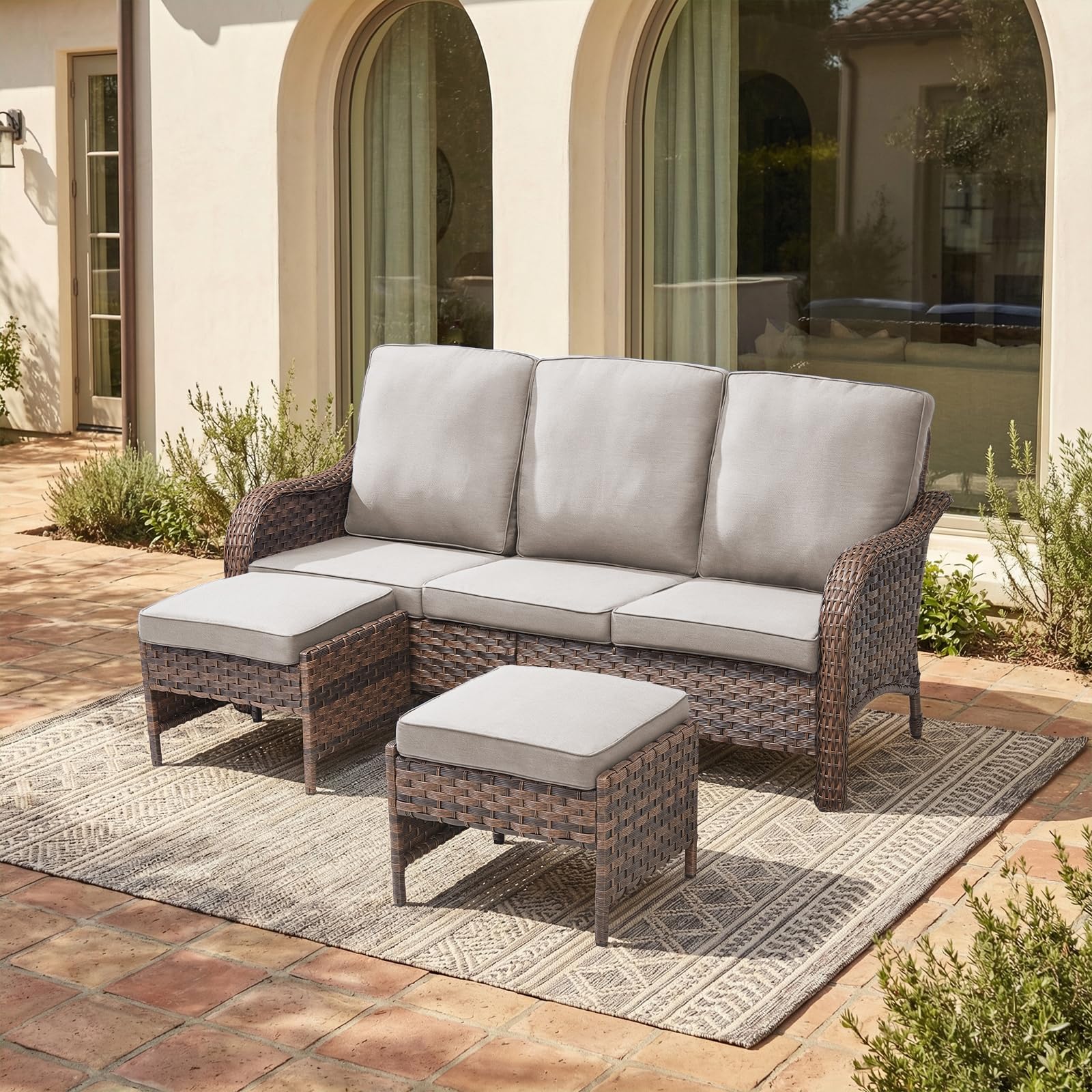 Outdoor Patio Loveseat, All-Weather Hand-Woven PE Wicker 2 Seat Sofa with Thick Cushions, High Back & Deep Seat, Ergonomic Design for Porch, Deck, Balcony, Garden, and Backyard(Beige)