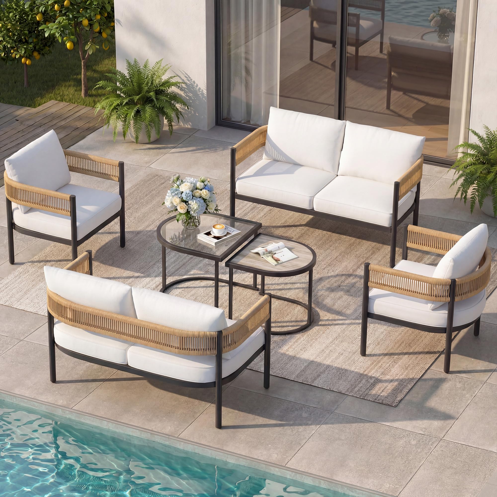 Gand Patio Outdoor 3-Seat Couch Sofa, Wicker Conversation Set with Thick Cushion for Porch, Garden, Yard, Natural