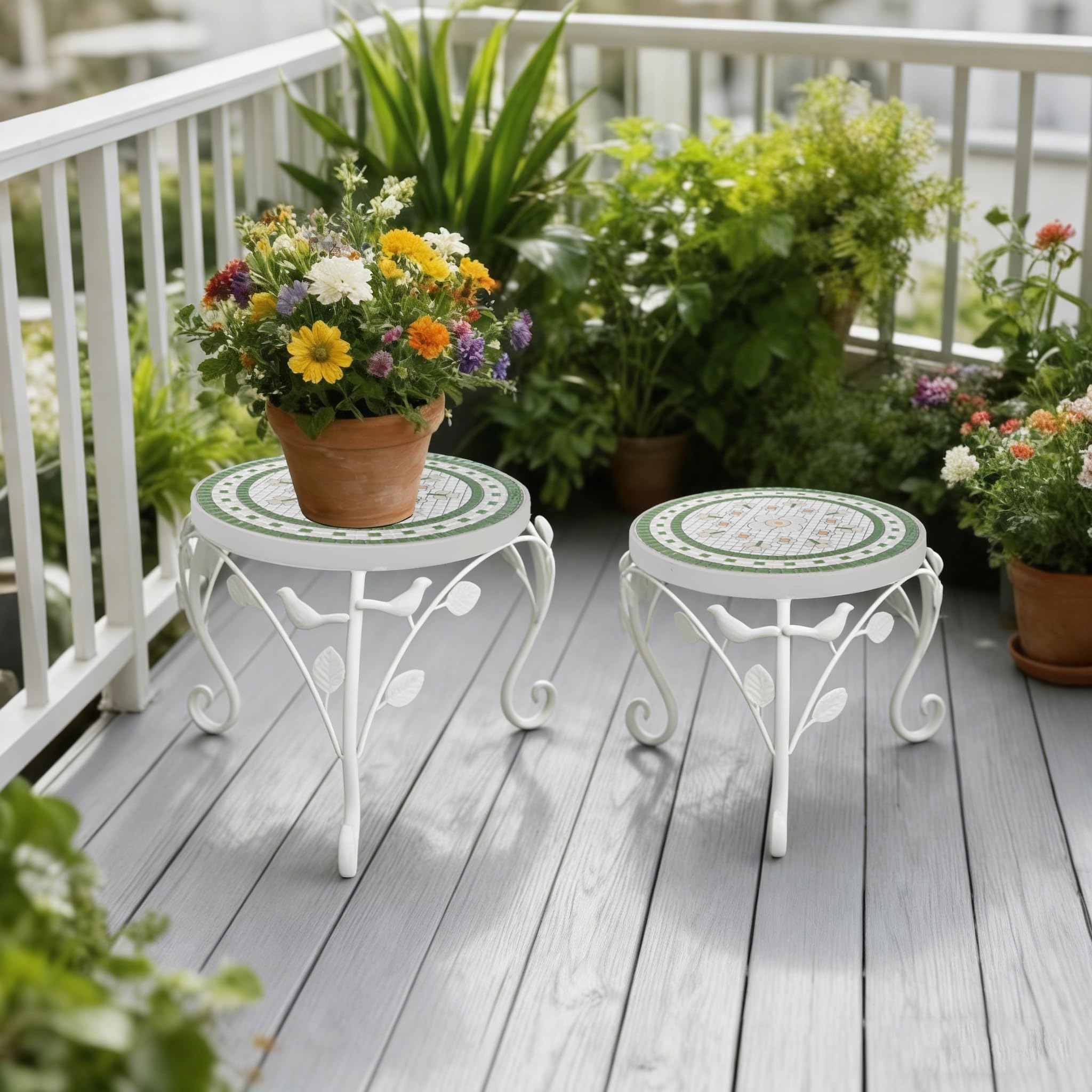 Set of 2 Plant Stand for Indoor Outdoor, Heavy Duty Cast Iron with 10" Ceramic Tile Top Plant Table, Tall Vintage Decorative Plant Rack, Mosaic Flower Pot Holder for Home Garden Porch Yard Patio