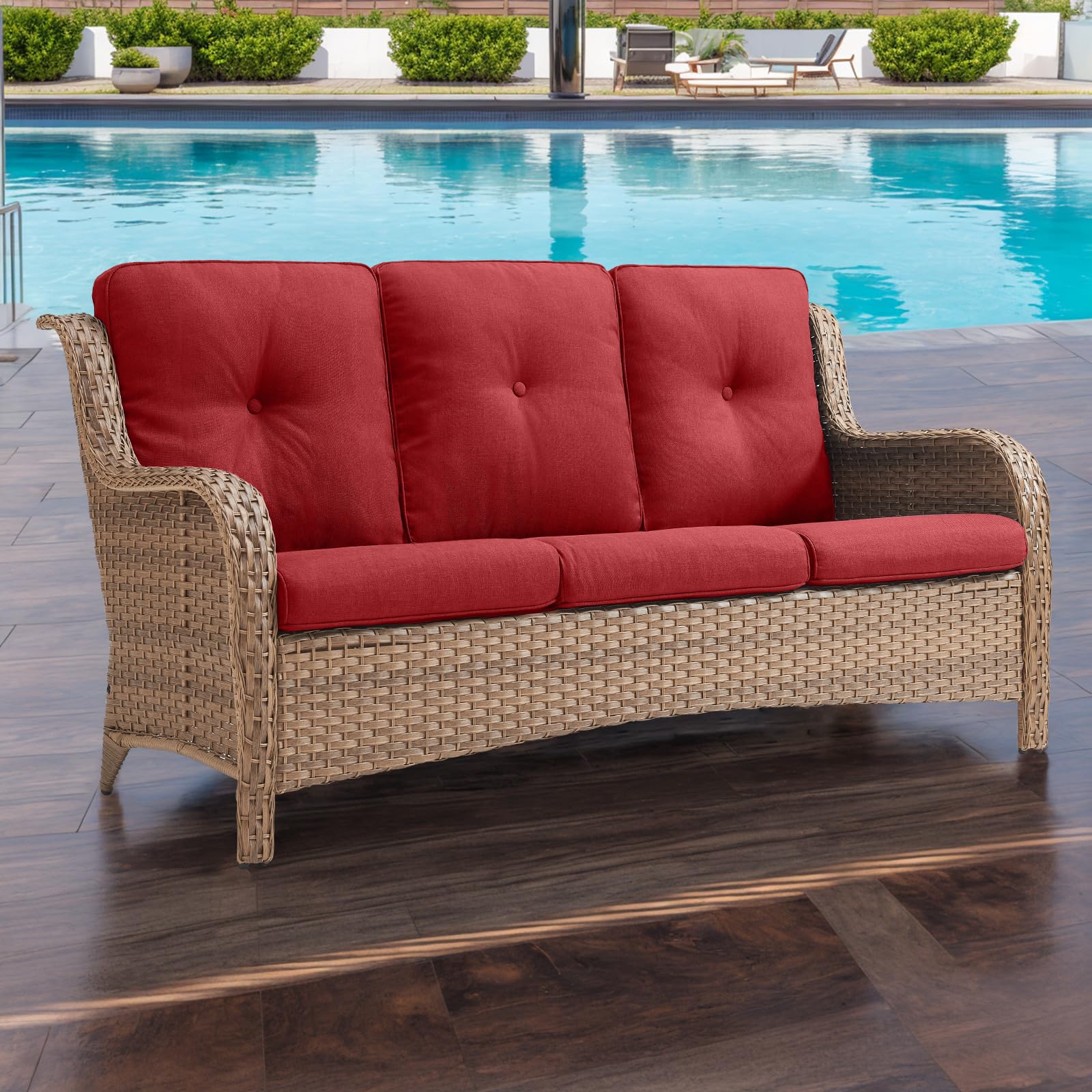 Rilyson Outdoor Patio Wicker Sofa 900Lbs Weight Capacity, Large 3 Seater Wicker Patio Couch with 4in Seat Cushions and Deep Seating, All Weather for Backyard, Garden, Poolside (Yellow/Blue)