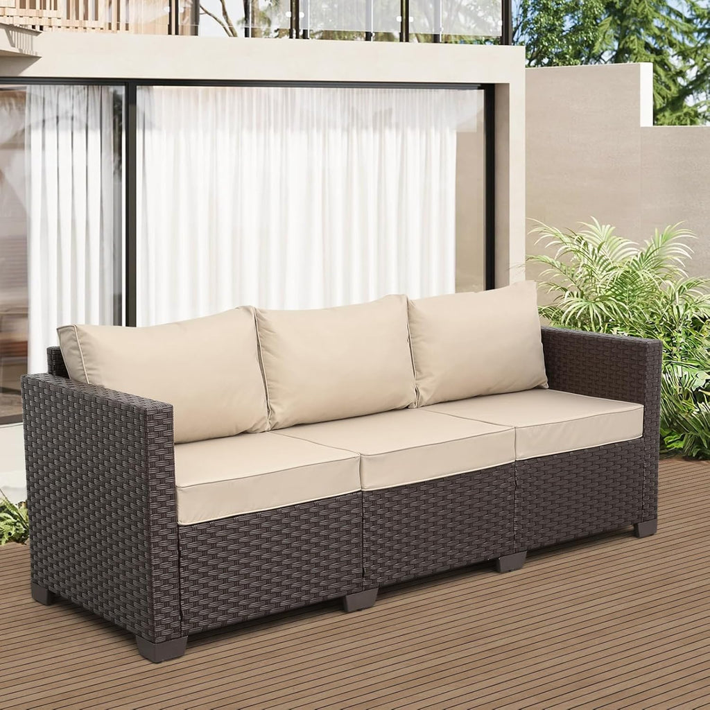Rattan Star Outdoor Furniture Couch 3 Seater Sofa Outdoor Brown Wicker Sofa Deep Seat High Backrest Patio Couch with Non-Slip Cushions Waterproof Cover, Khaki