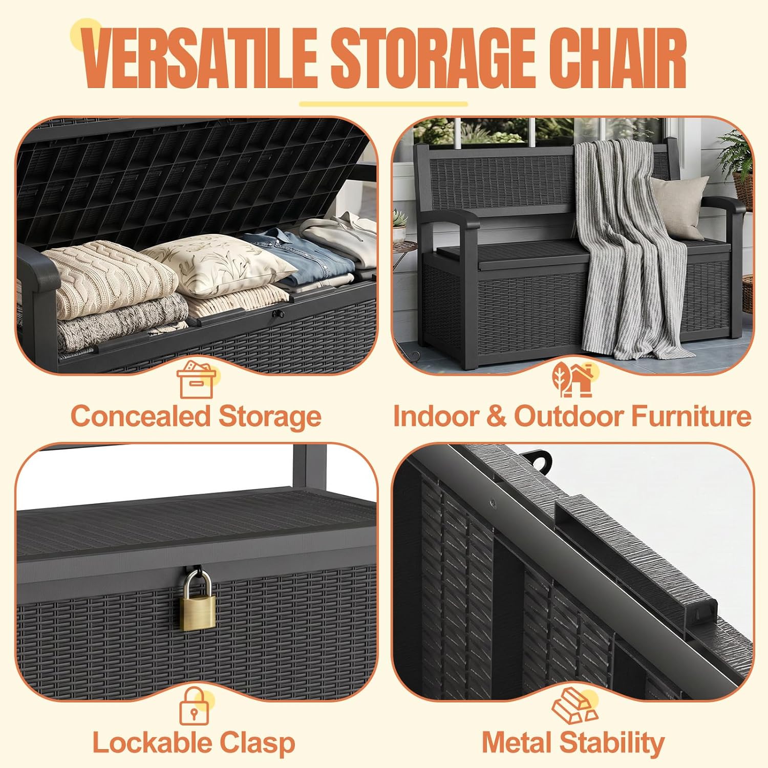 Storage Bench Outdoor Deck Box,100 Gallon Waterproof & UV Resistant Lockable Patio Furniture Seating.Indoor/Outdoor Shoe Storage Cabinet for Garden Cushions,Tools,Patio,Pool Supplies(Black)