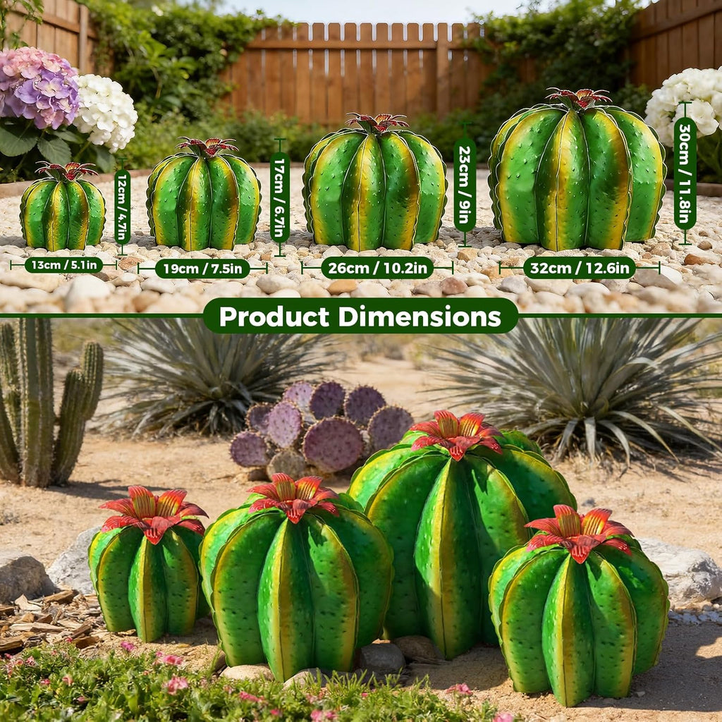 KODIBO Metal Cactus Yard Art, 4-Pack Desert Steel Garden Decor, Artificial Barrel Cactus with Flower Tops, Weather-Resistant Garden Sculptures & Statues, Outdoor Decorations for Patio Lawn Porch