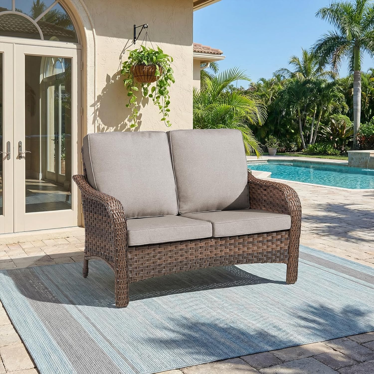 Outdoor Patio Loveseat, All-Weather Hand-Woven PE Wicker 2 Seat Sofa with Thick Cushions, High Back & Deep Seat, Ergonomic Design for Porch, Deck, Balcony, Garden, and Backyard(Beige)