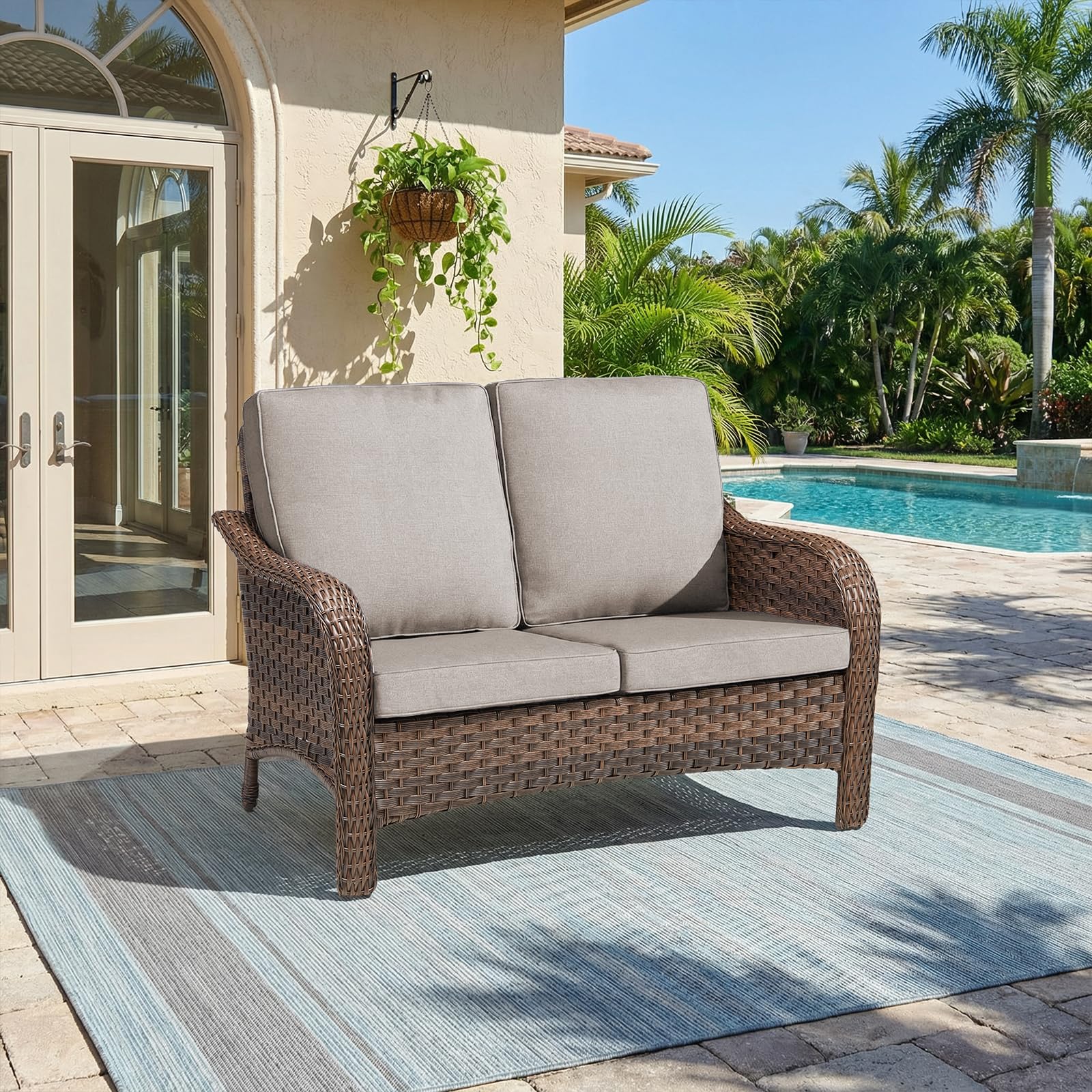 Outdoor Patio Loveseat, All-Weather Hand-Woven PE Wicker 2 Seat Sofa with Thick Cushions, High Back & Deep Seat, Ergonomic Design for Porch, Deck, Balcony, Garden, and Backyard(Beige)