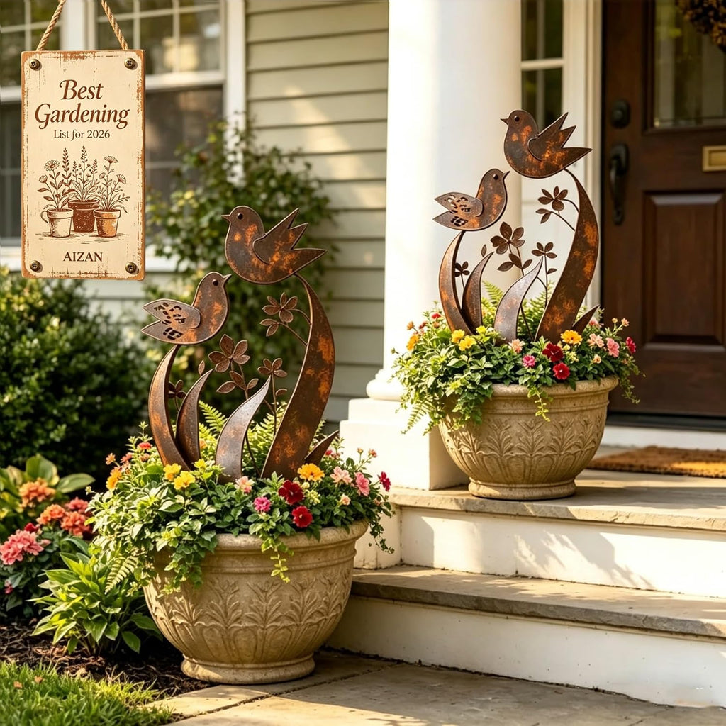 Bird & Wildflower Metal Garden Stake, Decorative Plant Stakes with Floral Design Handmade Flower Shaped Sculpture, Rustic Garden Art Decor Gift for for Flower Bed Planters Patio & Lawn Lovers(2PCS)