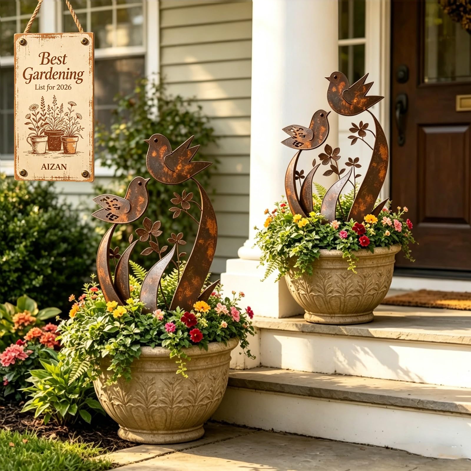 Bird & Wildflower Metal Garden Stake, Decorative Plant Stakes with Floral Design Handmade Flower Shaped Sculpture, Rustic Garden Art Decor Gift for for Flower Bed Planters Patio & Lawn Lovers(2PCS)