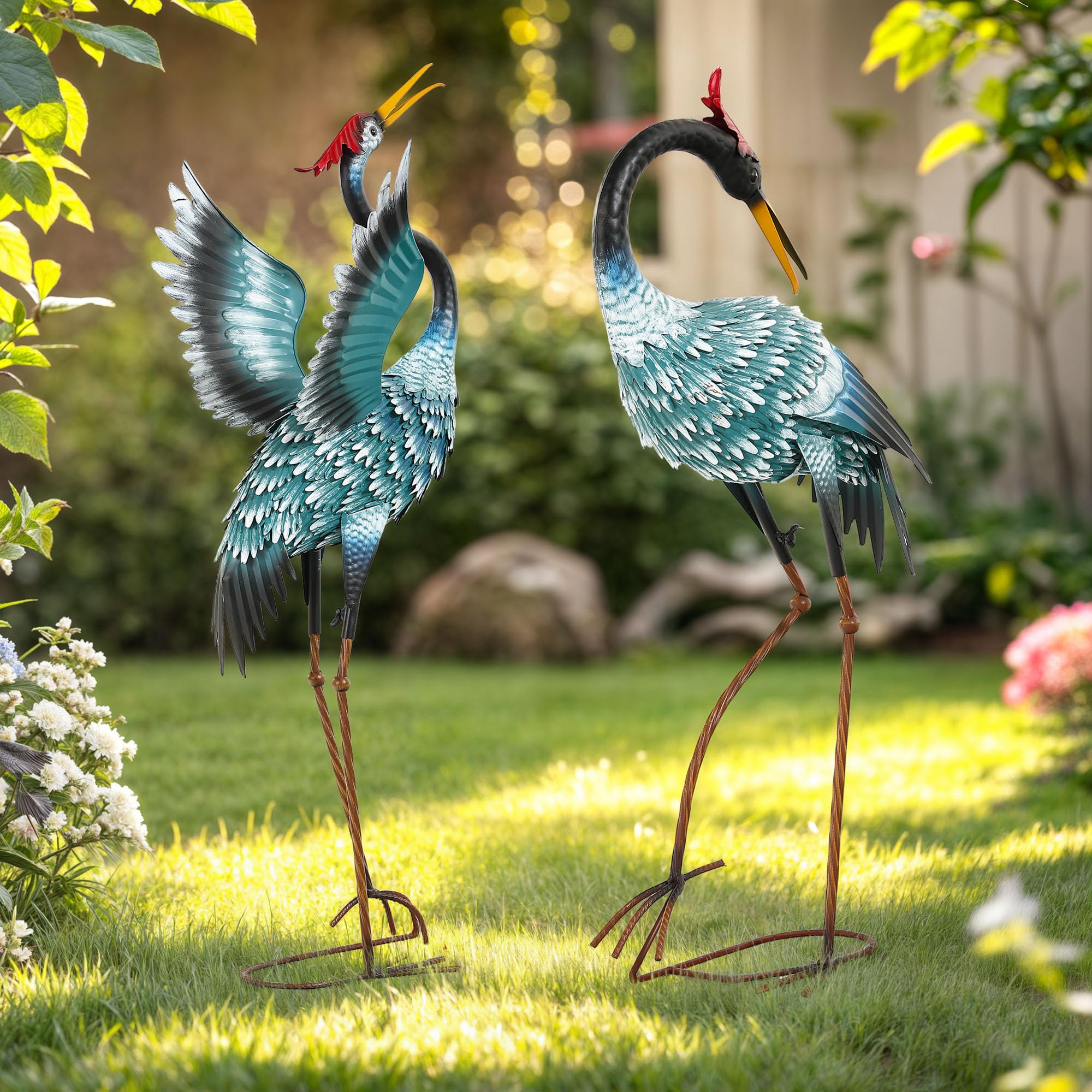 36.8" Extra-Large Blue Heron Decor, Handcrafted Metal Crane Statue with Stable U-Ground Stakes, Backyard Decoration, Metal Garden Bird Animal Yard Art, Lawn Ornament Decor