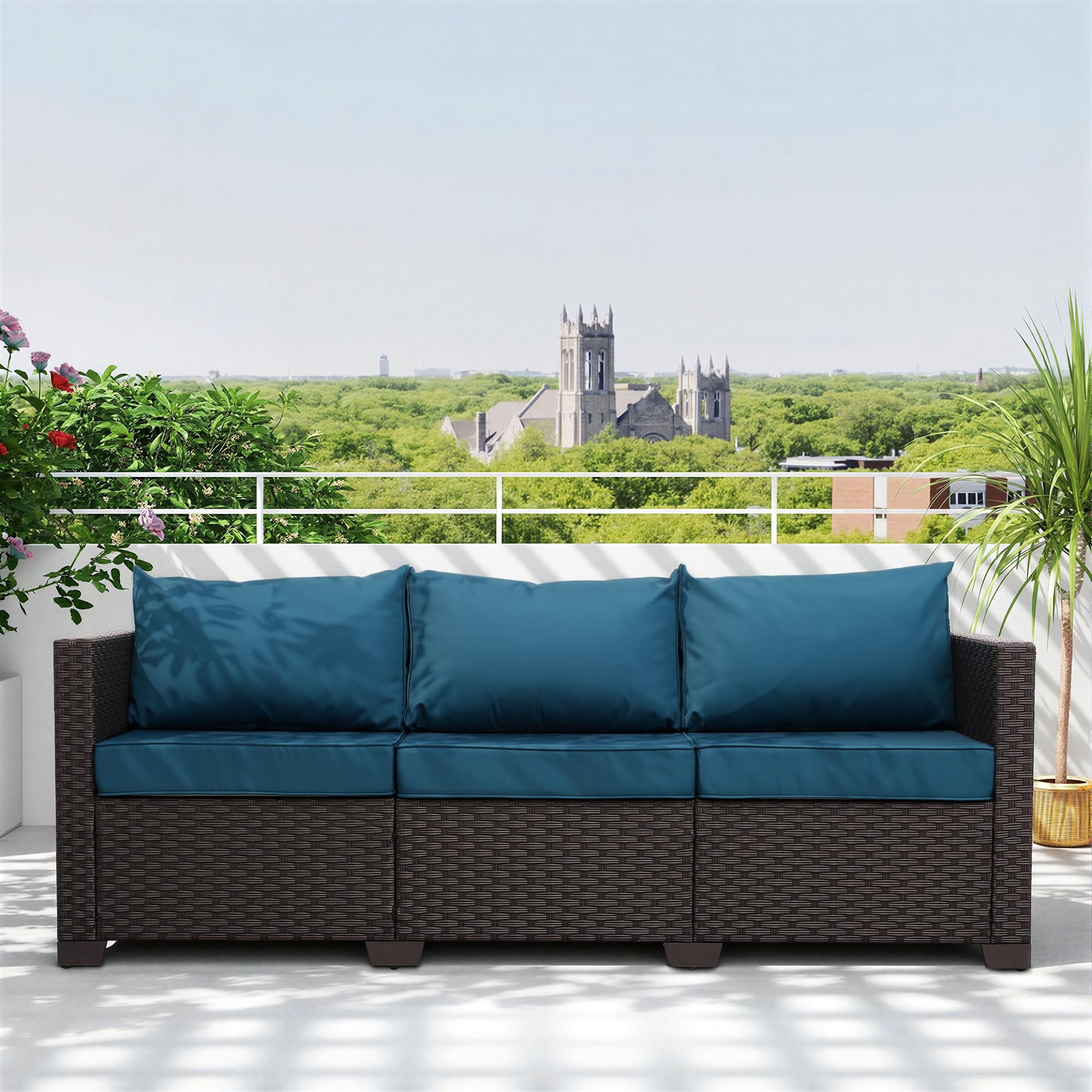 Valita Patio Furniture 3-seat Sofa Brown Wicker Outdoor Furniture Outdoor Couch Deep Seat High Backrest Waterproof Cover Anti-Slip Washable Cushions, Navy Blue
