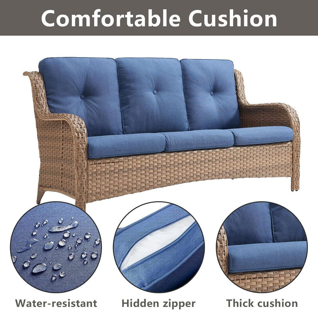 Rilyson Outdoor Patio Wicker Sofa 900Lbs Weight Capacity, Large 3 Seater Wicker Patio Couch with 4in Seat Cushions and Deep Seating, All Weather for Backyard, Garden, Poolside (Yellow/Blue)