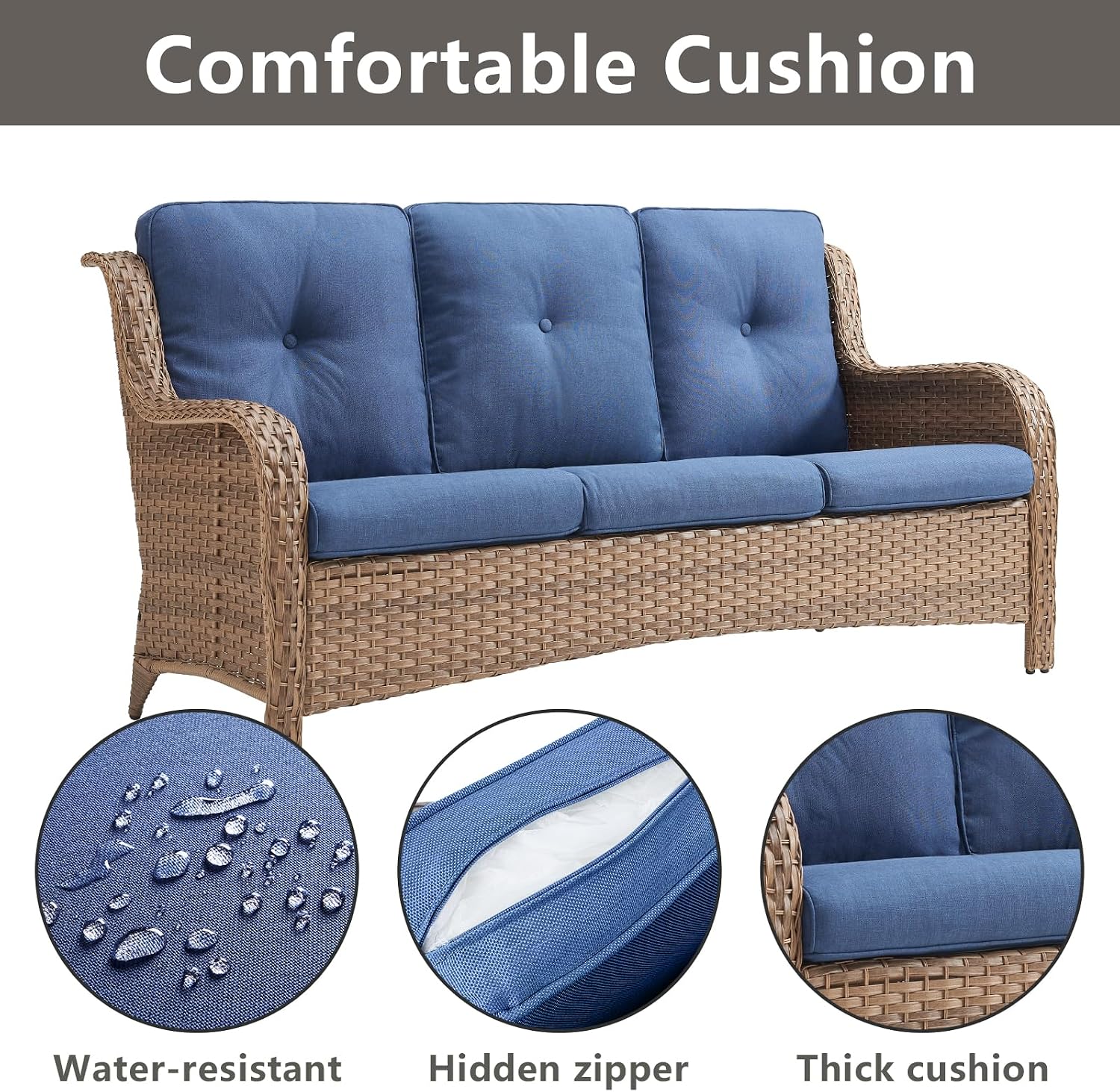 Rilyson Outdoor Patio Wicker Sofa 900Lbs Weight Capacity, Large 3 Seater Wicker Patio Couch with 4in Seat Cushions and Deep Seating, All Weather for Backyard, Garden, Poolside (Yellow/Blue)